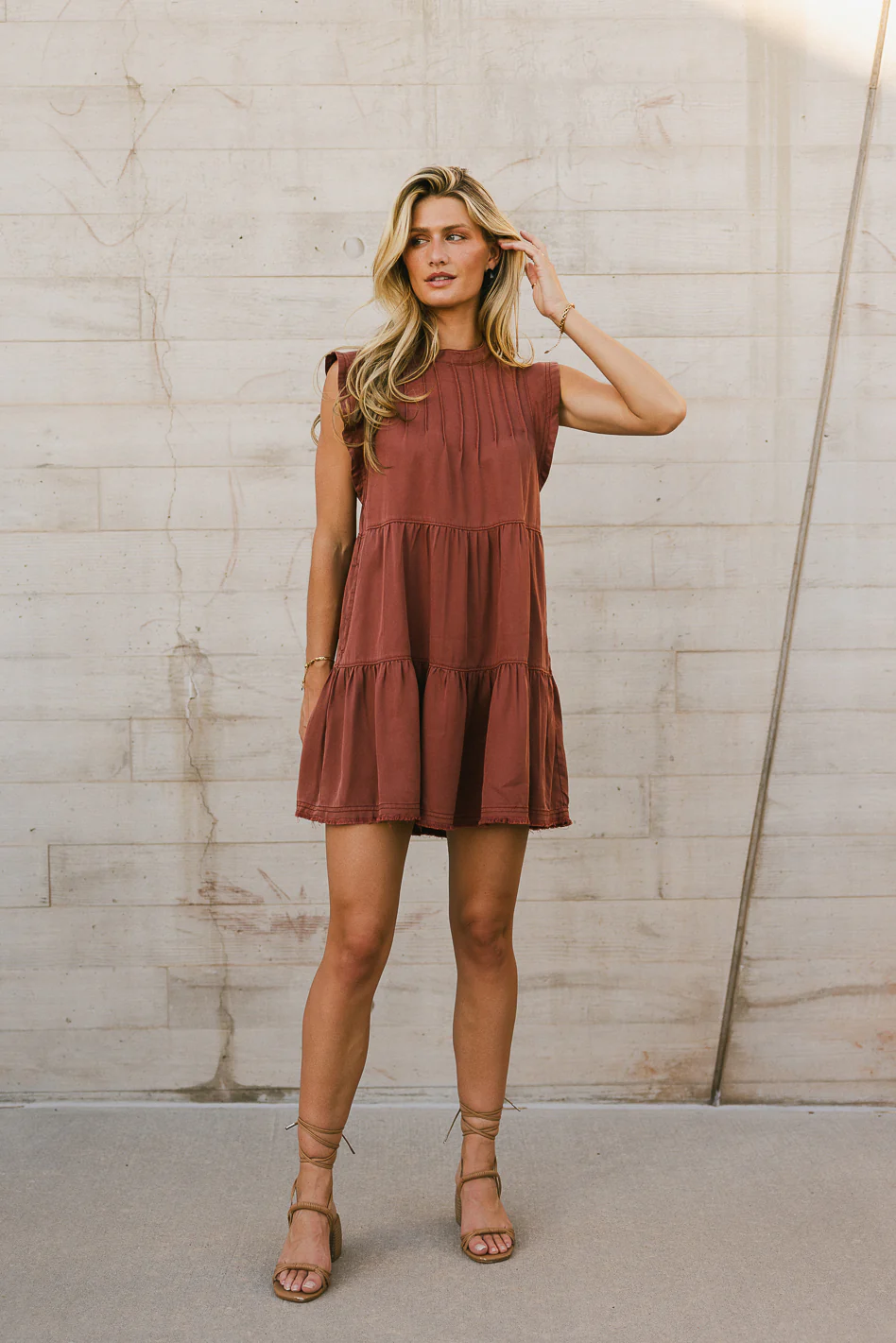 Regina Pleated Mini Dress in Brick - FINAL SALE - Image 5