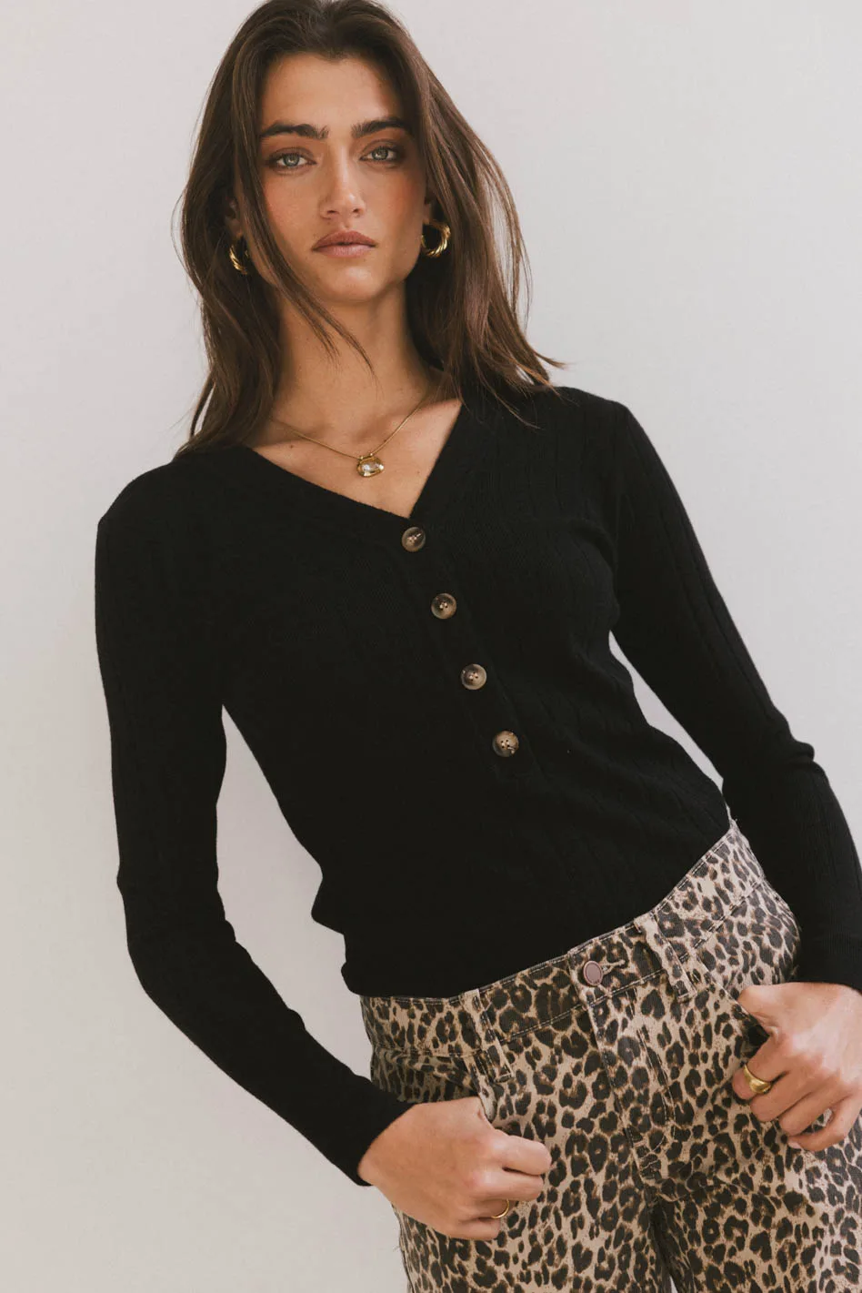 Ribbed Button Front Top in Black - FINAL SALE - Image 2