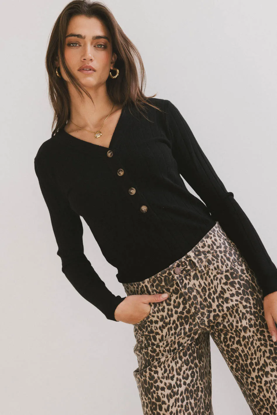 Ribbed Button Front Top in Black - FINAL SALE - Image 5