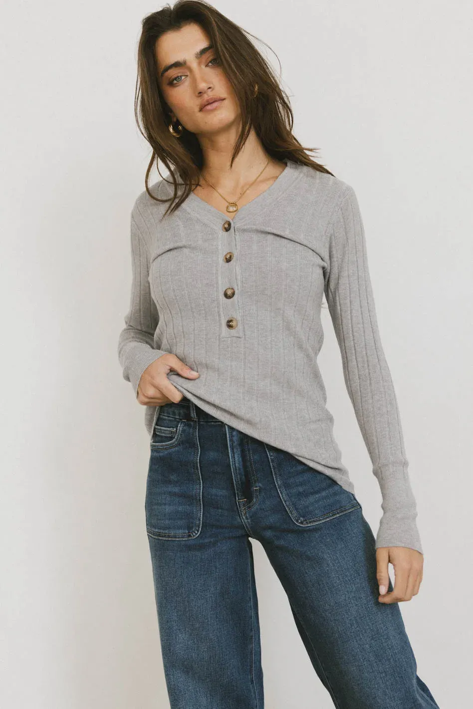Ribbed Button Front Top in Grey - FINAL SALE