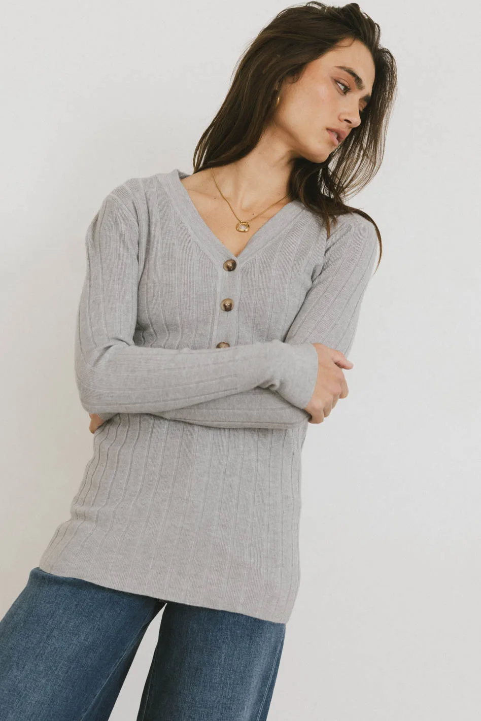 Ribbed Button Front Top in Grey - FINAL SALE - Image 2