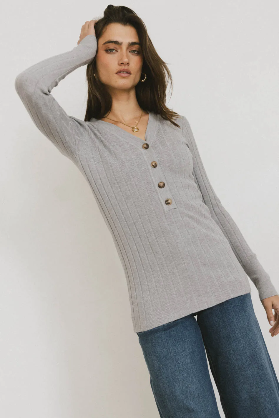 Ribbed Button Front Top in Grey - FINAL SALE - Image 4