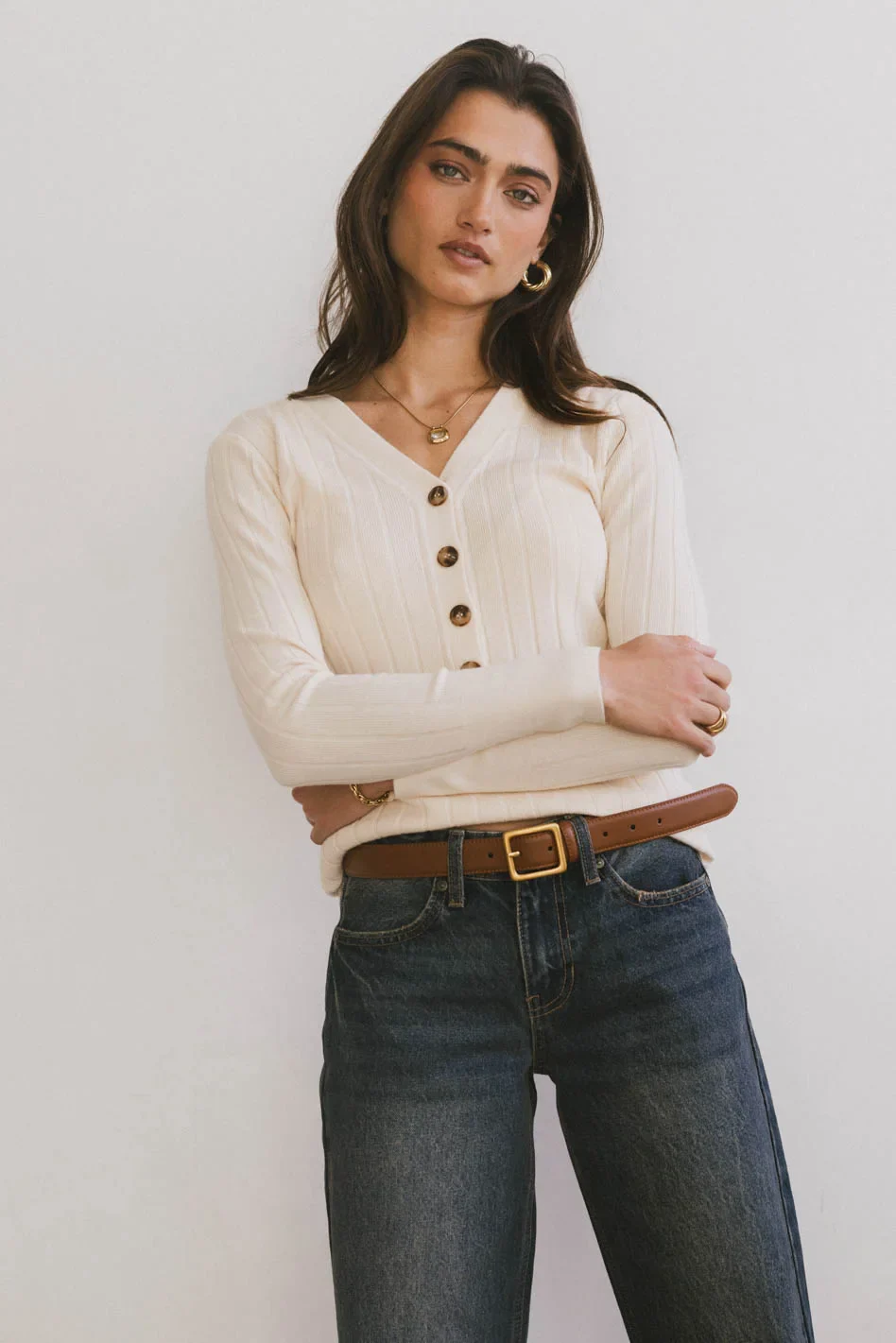 Ribbed Button Front Top in Ivory - FINAL SALE - Image 3