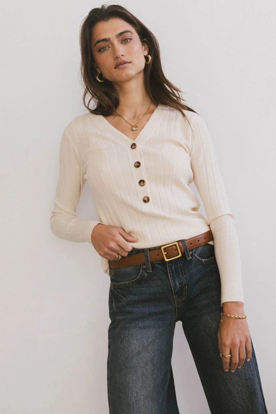Ribbed Button Front Top in Ivory - FINAL SALE - Image 5