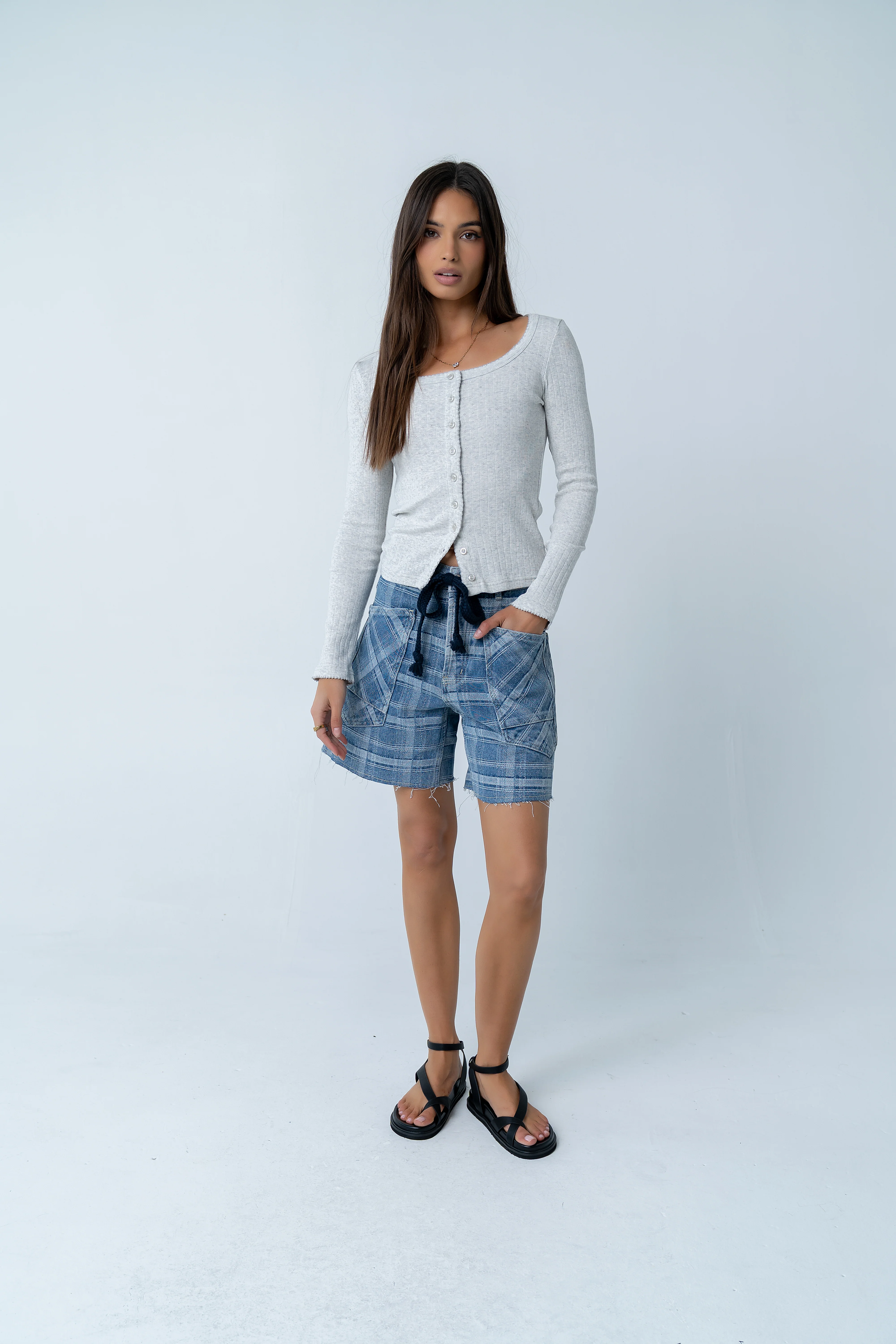 Roselyn Plaid Denim Shorts - Image 9