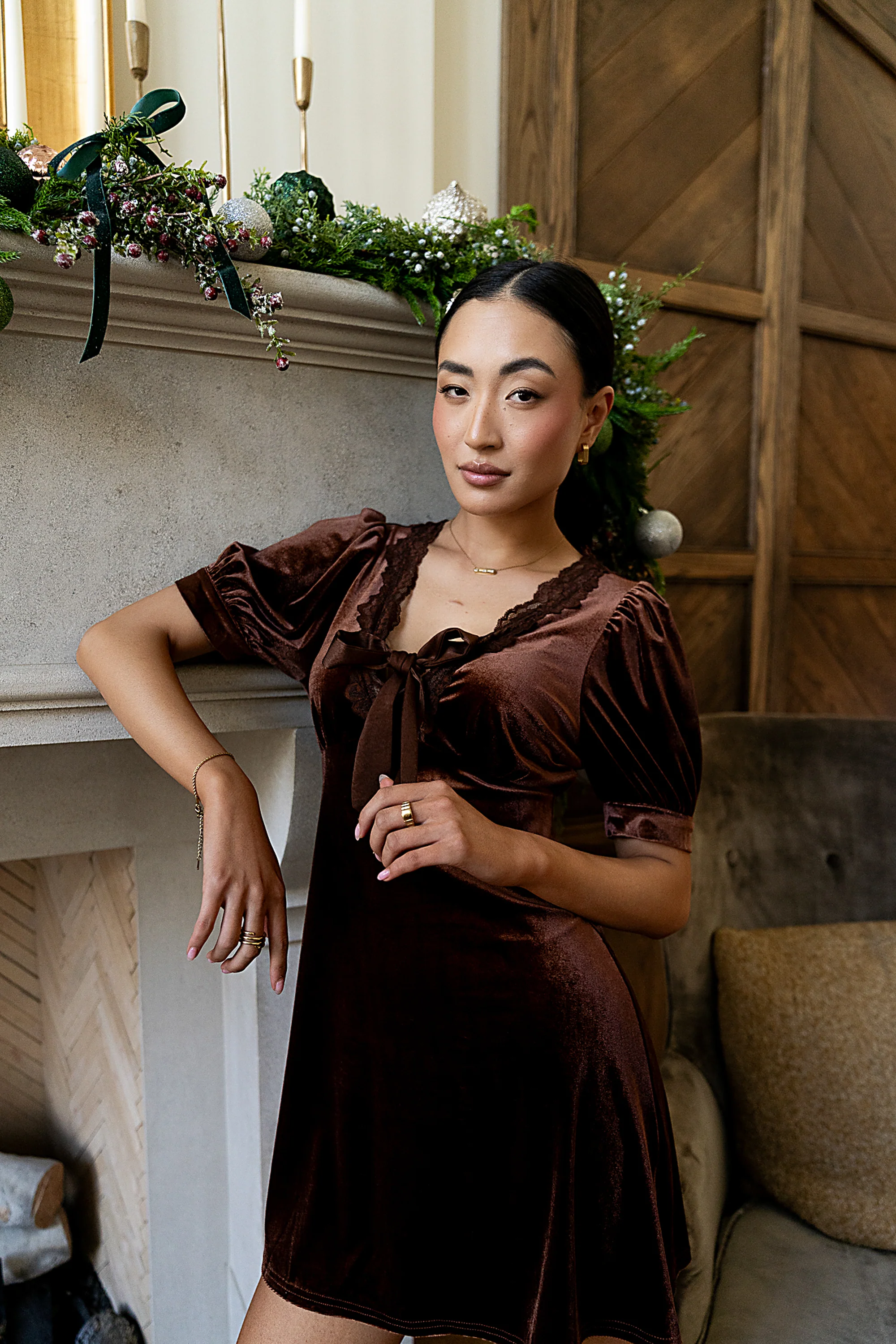 Roxanna Velvet Mini Dress in Brown - FINAL SALE - Image 4