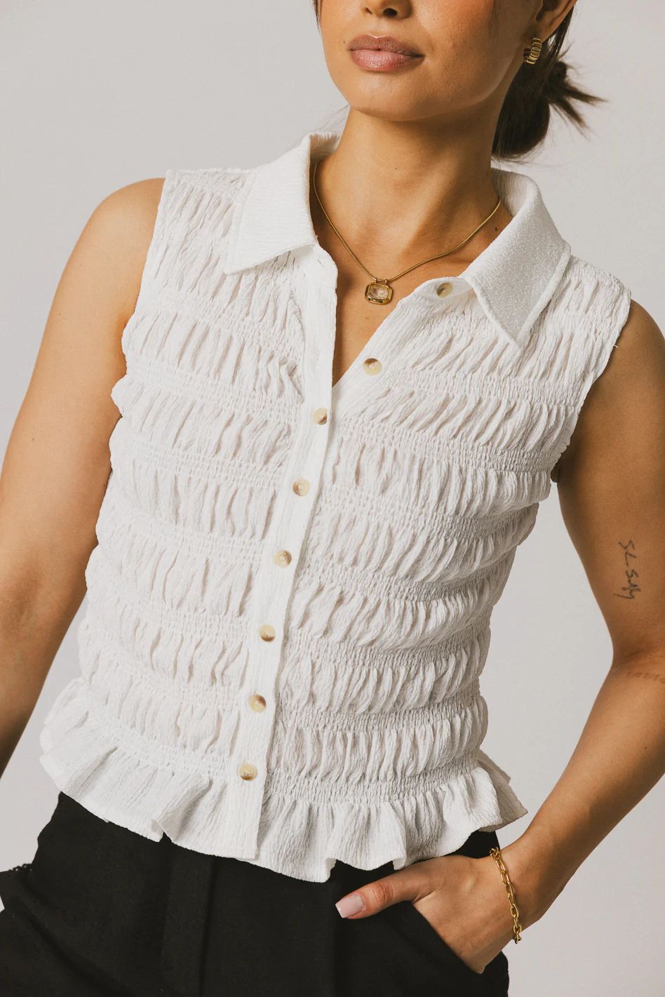 Russel Smocked Button Up in White - FINAL SALE - Image 3