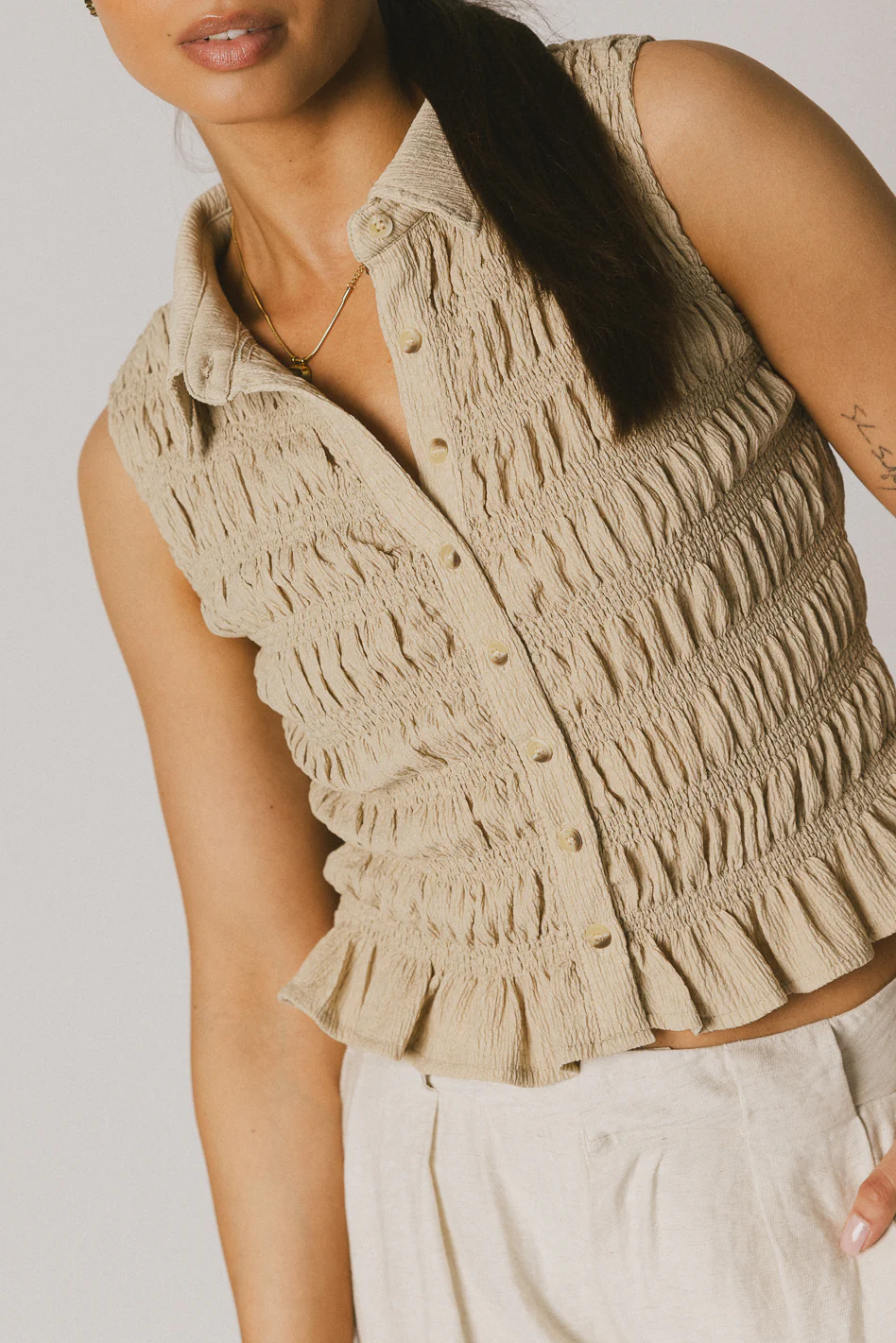 Russel Smocked Button Up in Taupe - FINAL SALE - Image 2