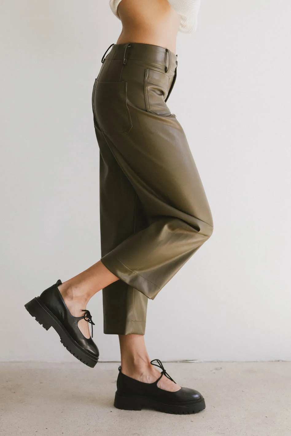 Sadie Wide Leg Pants in Olive Leather - FINAL SALE - Image 6