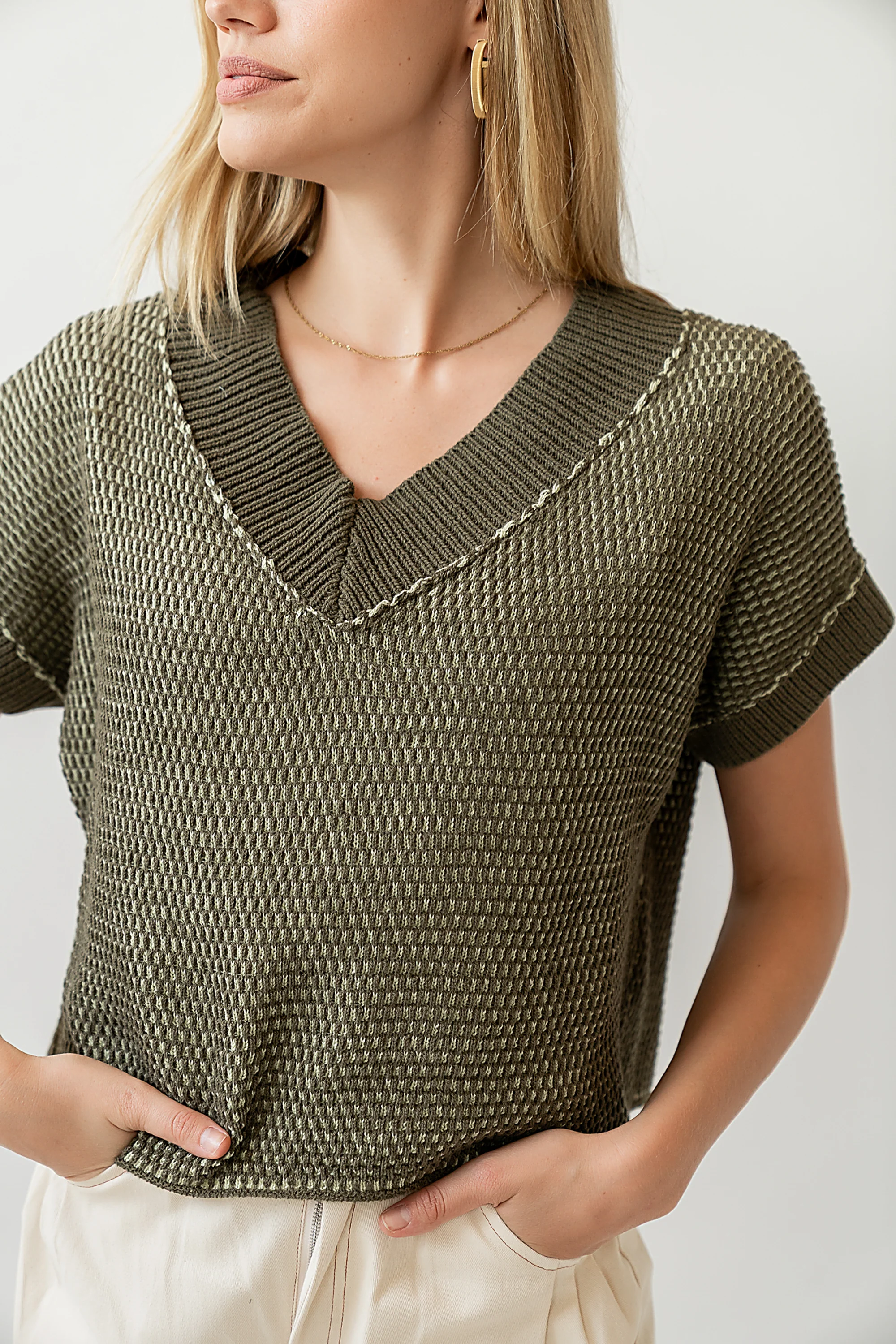 Saige Contrast Sweater in Olive - FINAL SALE - Image 3