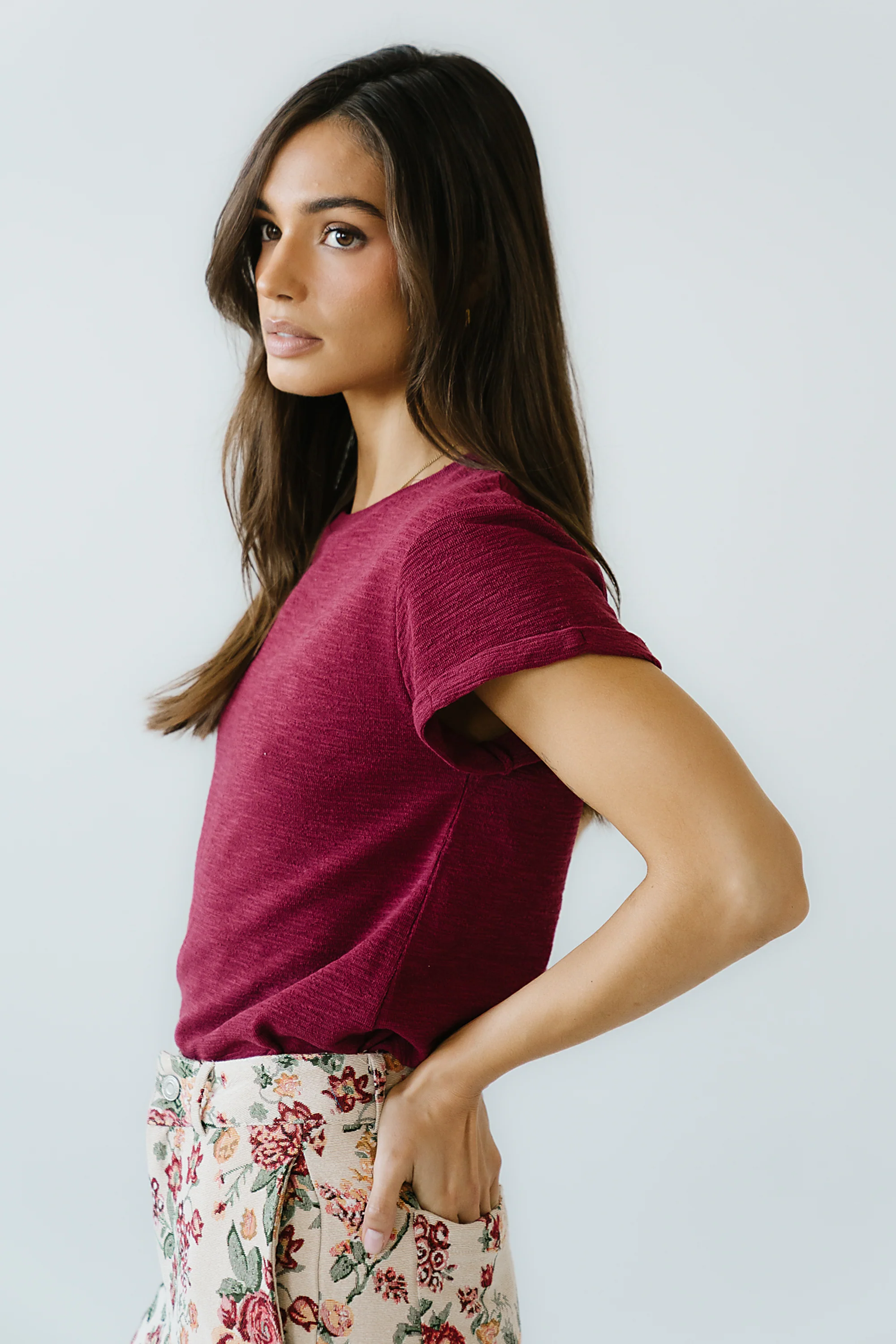 Selena Rolled Sleeve Shirt in Burgundy - FINAL SALE - Image 2