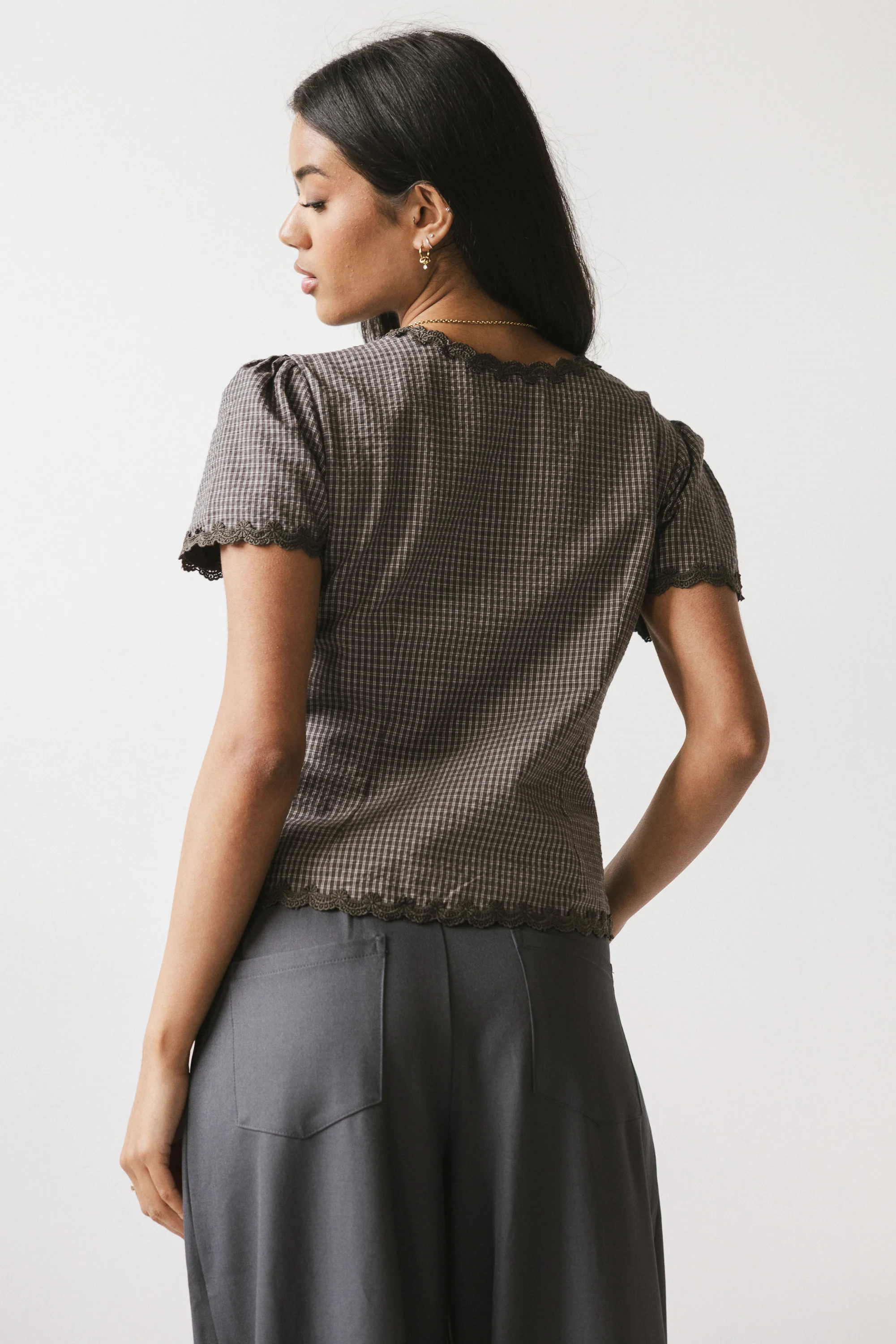 Serra Lace Trim Blouse in Charcoal - FINAL SALE - Image 2