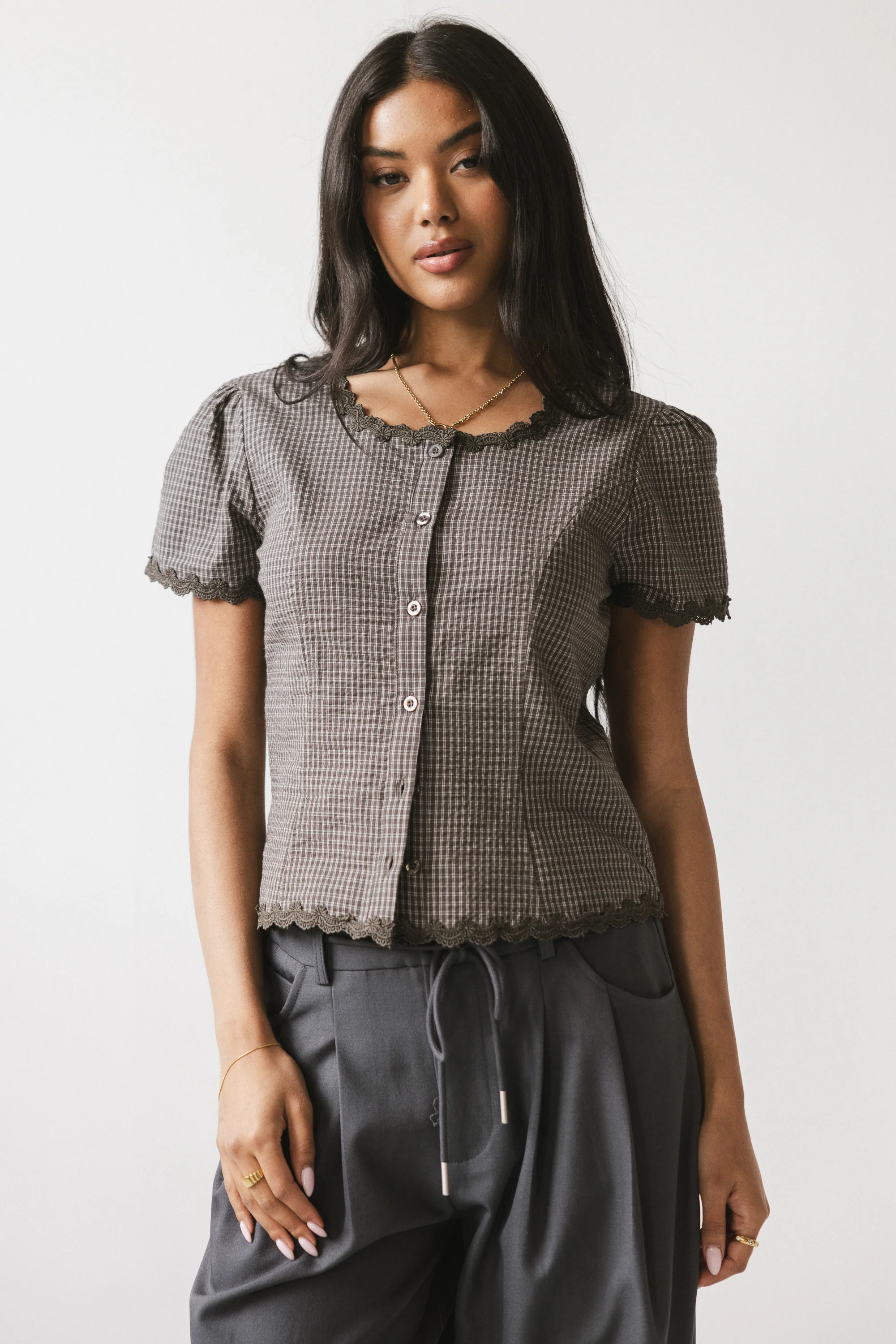 Serra Lace Trim Blouse in Charcoal - FINAL SALE - Image 3