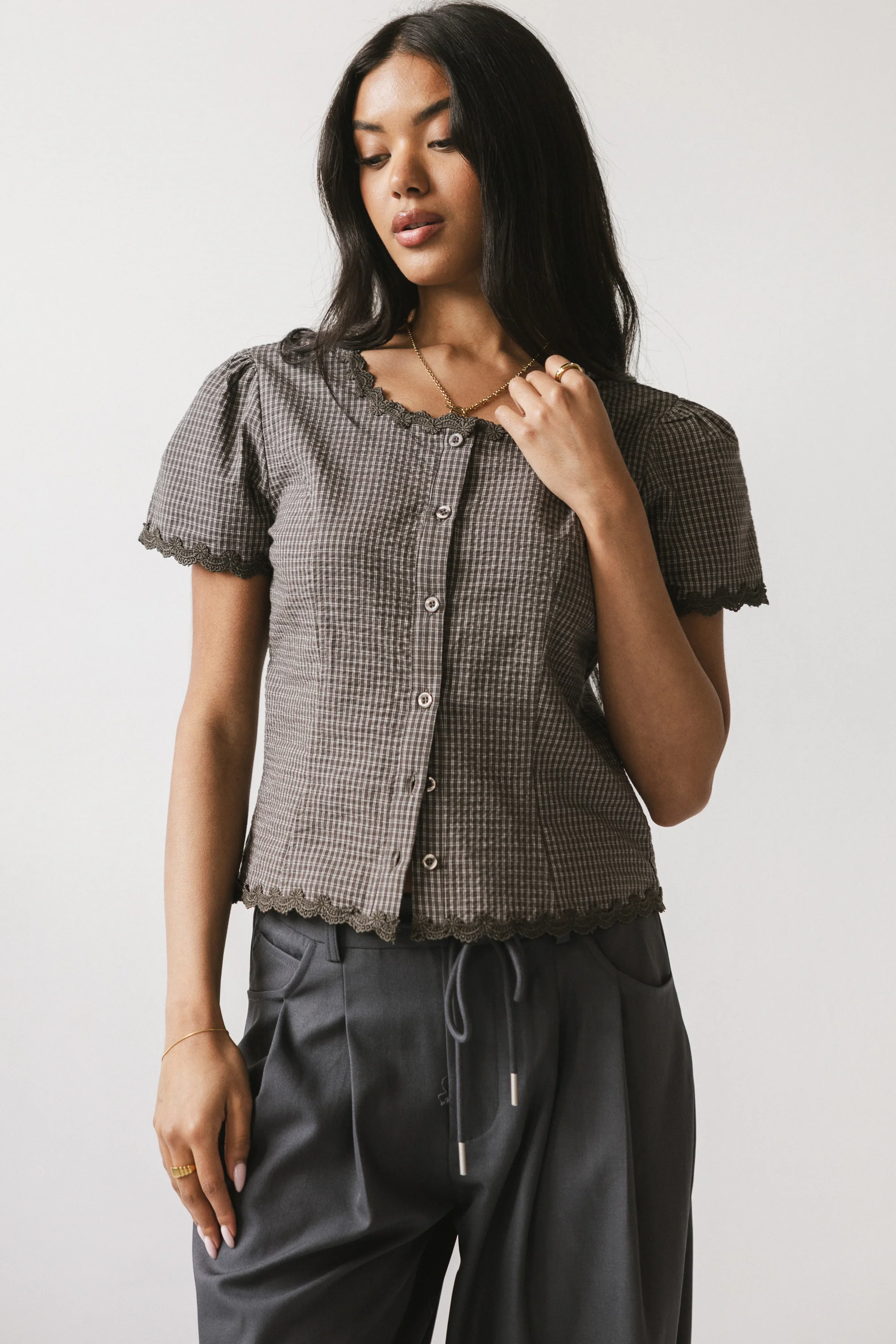 Serra Lace Trim Blouse in Charcoal - FINAL SALE - Image 4
