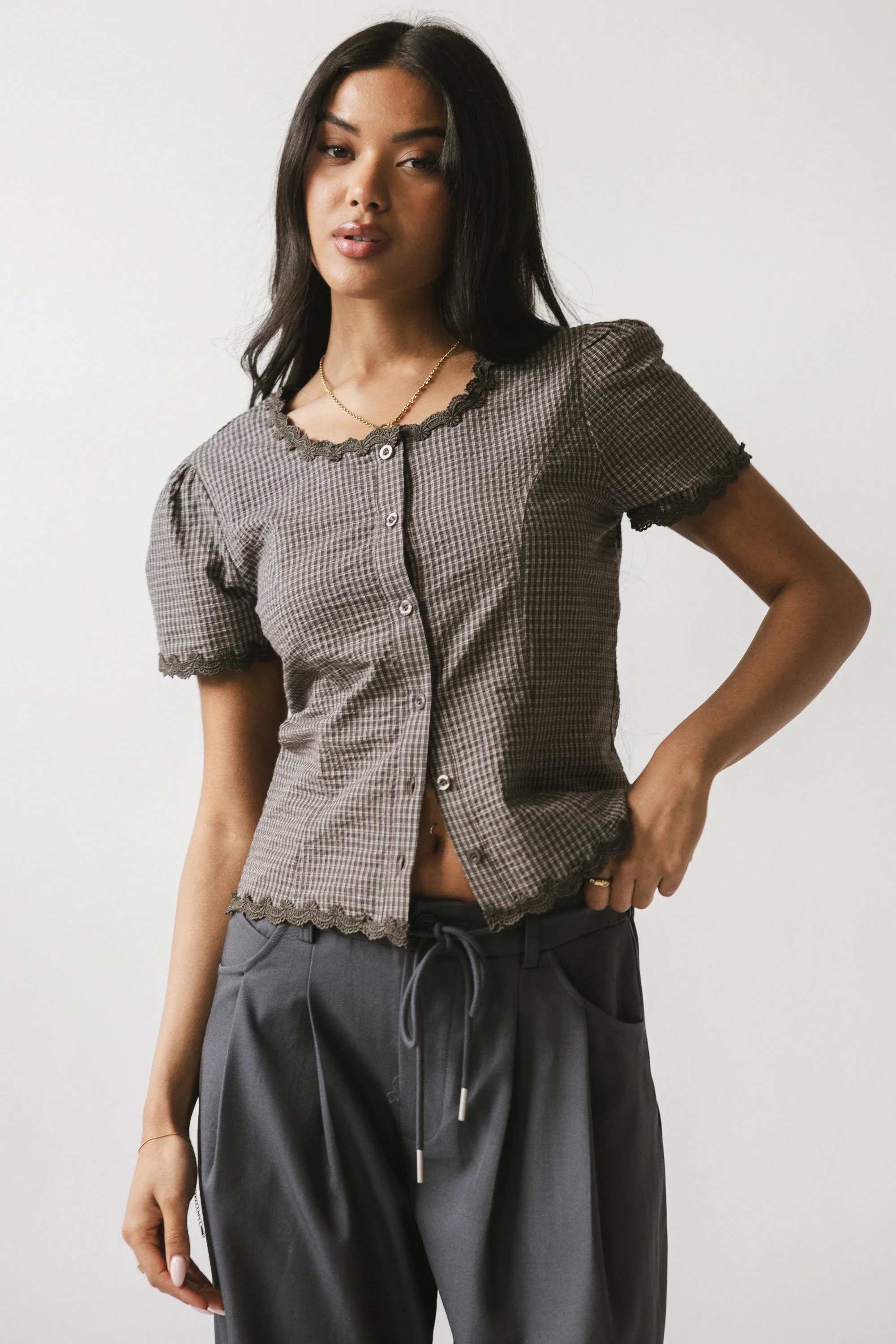 Serra Lace Trim Blouse in Charcoal - FINAL SALE - Image 5