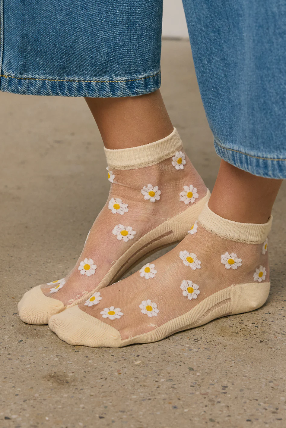 Sheer Striped Floral Socks in Nude - Image 2