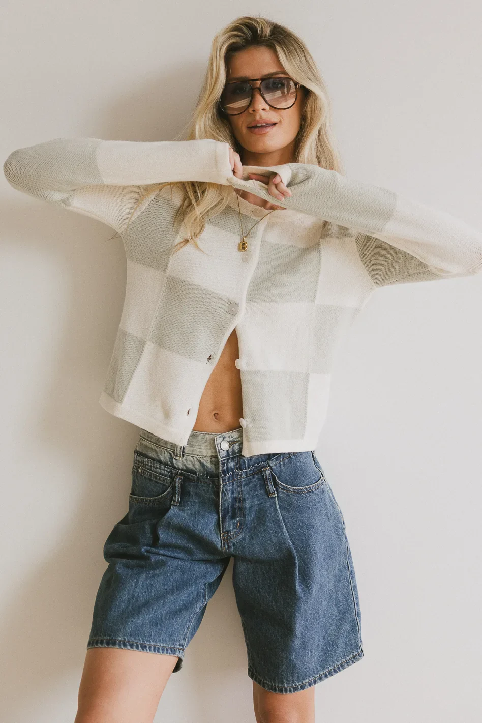 Sia Checkered Cardigan in Sage - Image 2