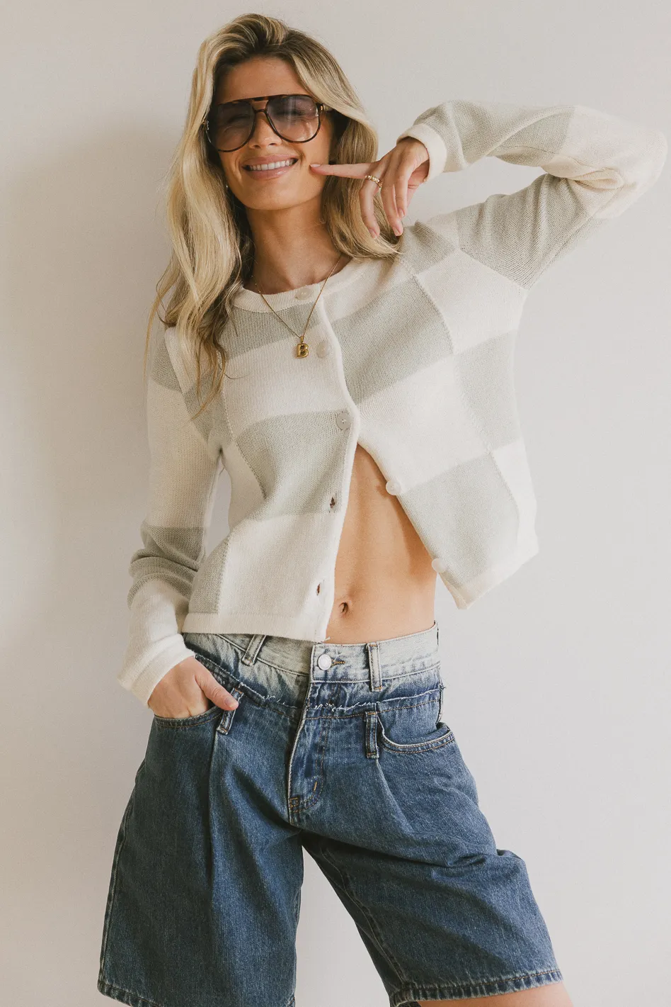 Sia Checkered Cardigan in Sage - Image 5