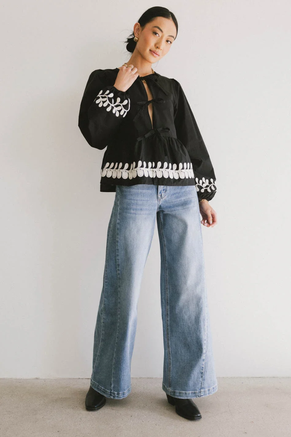 Stariana Embroidered Tie Blouse in Black - FINAL SALE - Image 2