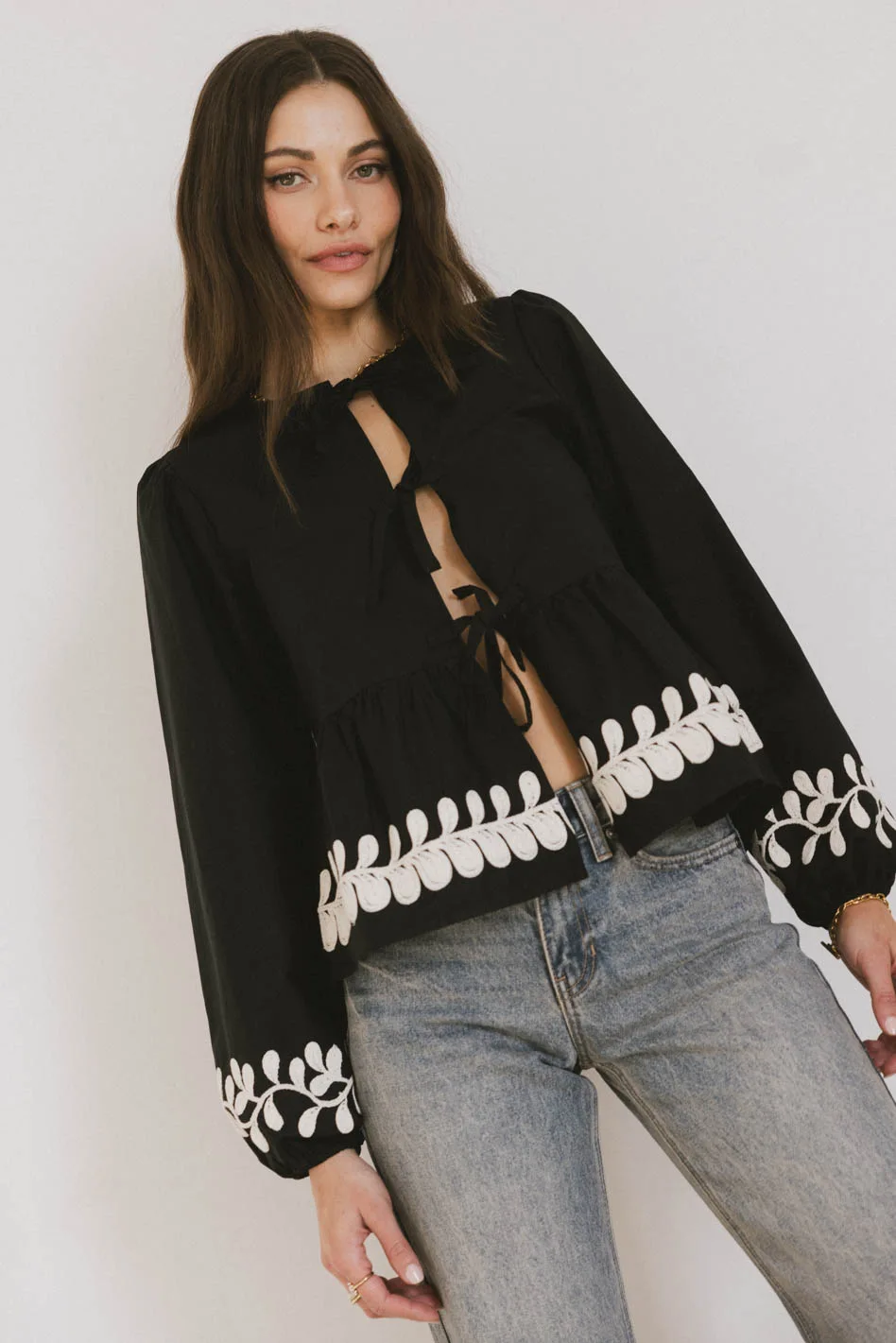 Stariana Embroidered Tie Blouse in Black - FINAL SALE - Image 3