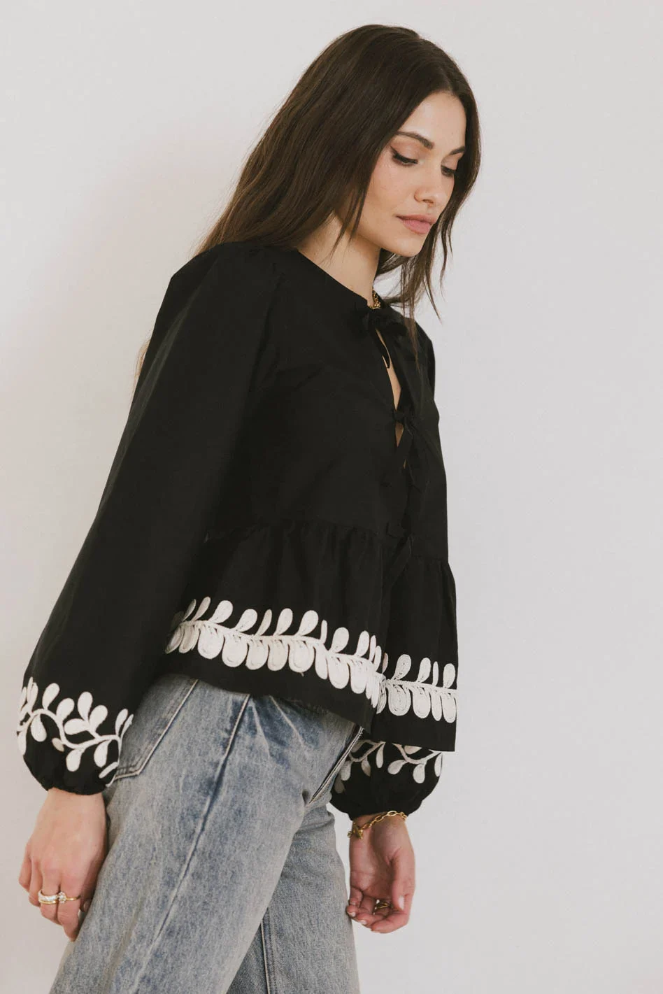 Stariana Embroidered Tie Blouse in Black - FINAL SALE - Image 5