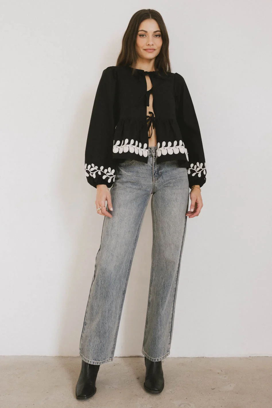 Stariana Embroidered Tie Blouse in Black - FINAL SALE - Image 7