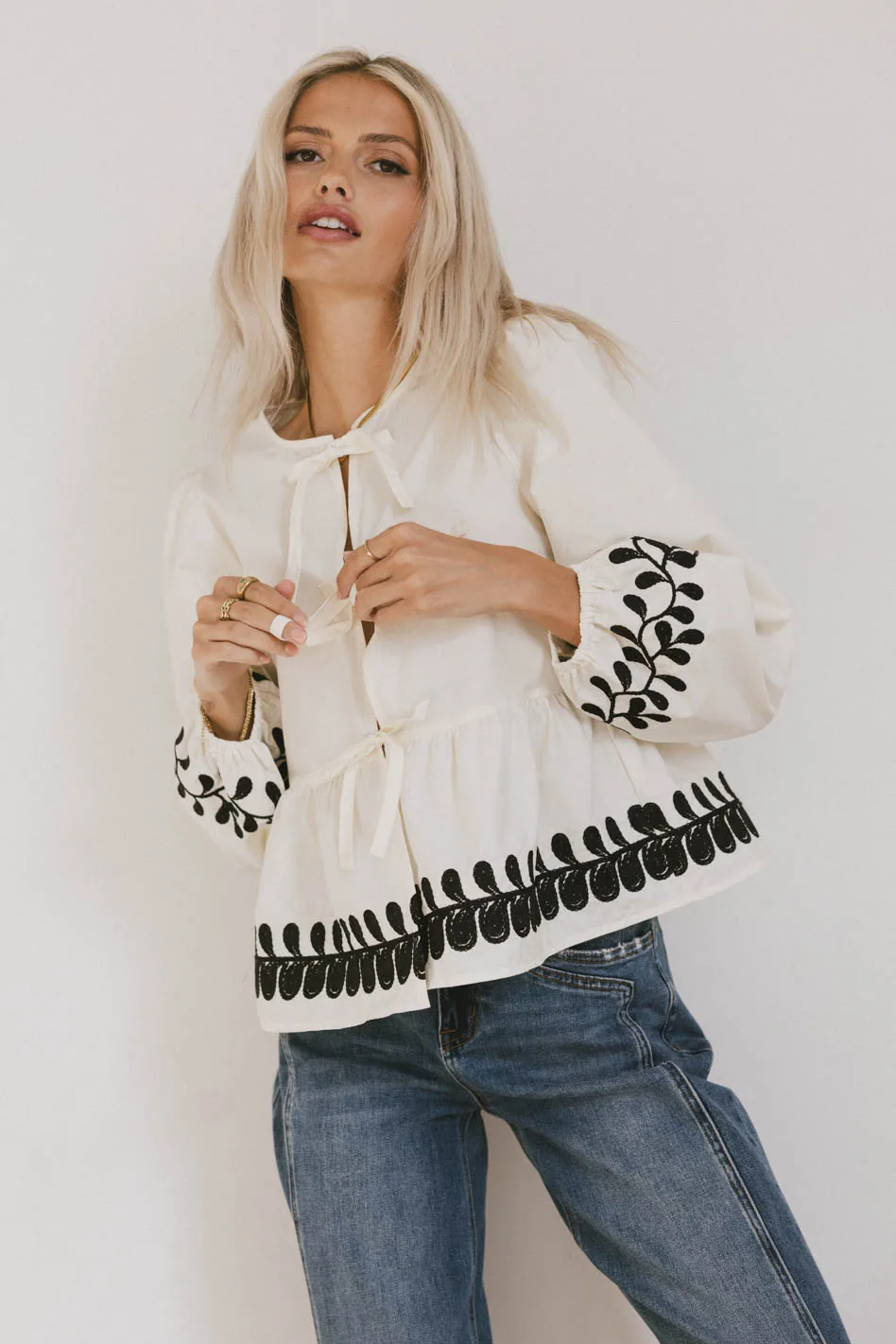 Stariana Embroidered Tie Blouse in Cream - FINAL SALE
