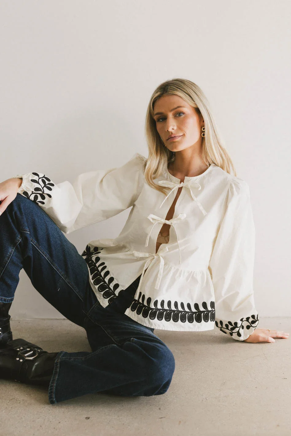 Stariana Embroidered Tie Blouse in Cream - FINAL SALE - Image 2