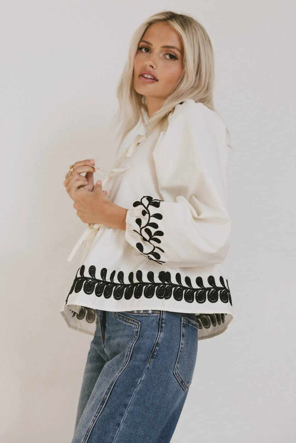 Stariana Embroidered Tie Blouse in Cream - FINAL SALE - Image 6