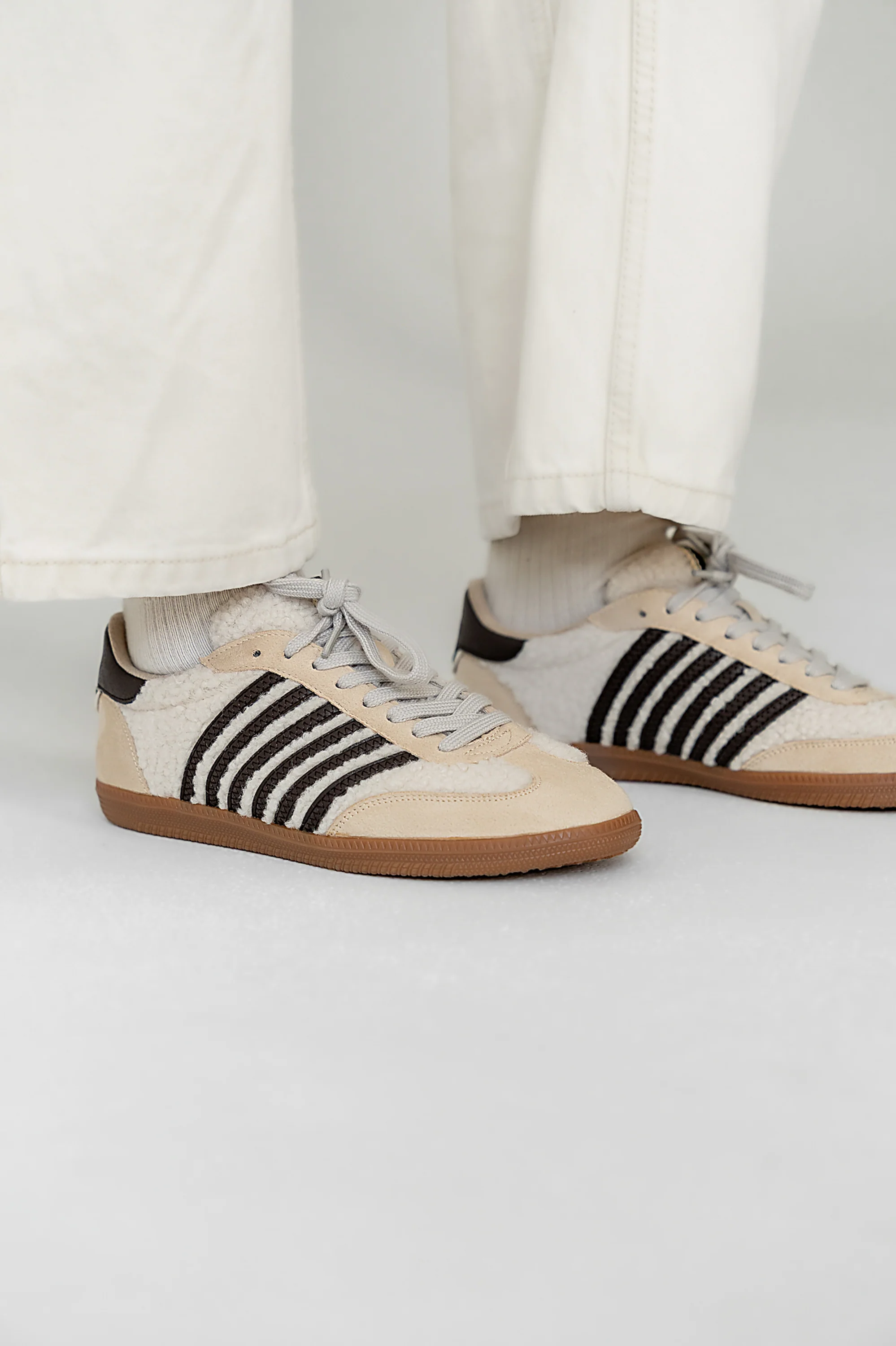 Stevie Striped Sneaker in Beige Shearling - Image 2