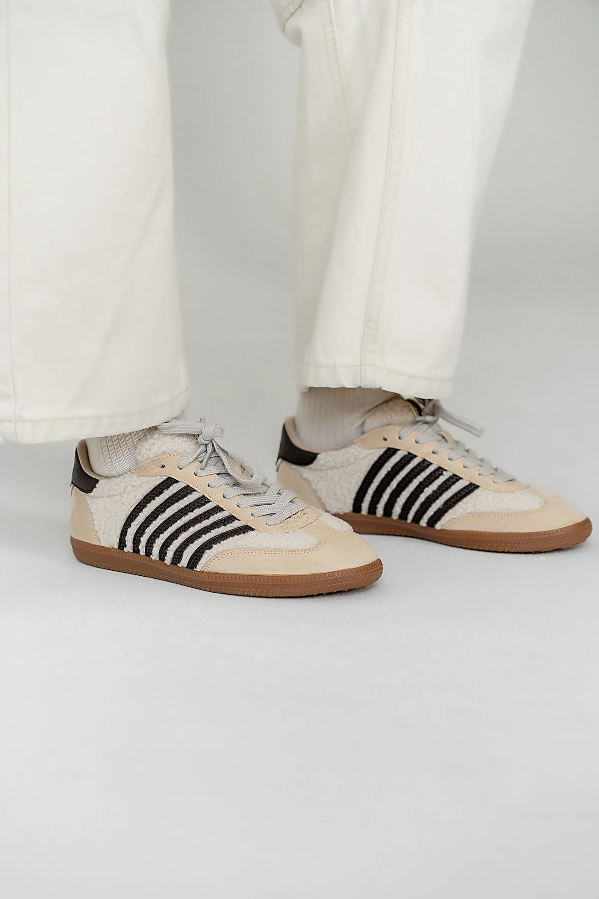 Stevie Striped Sneaker in Beige Shearling - Image 6
