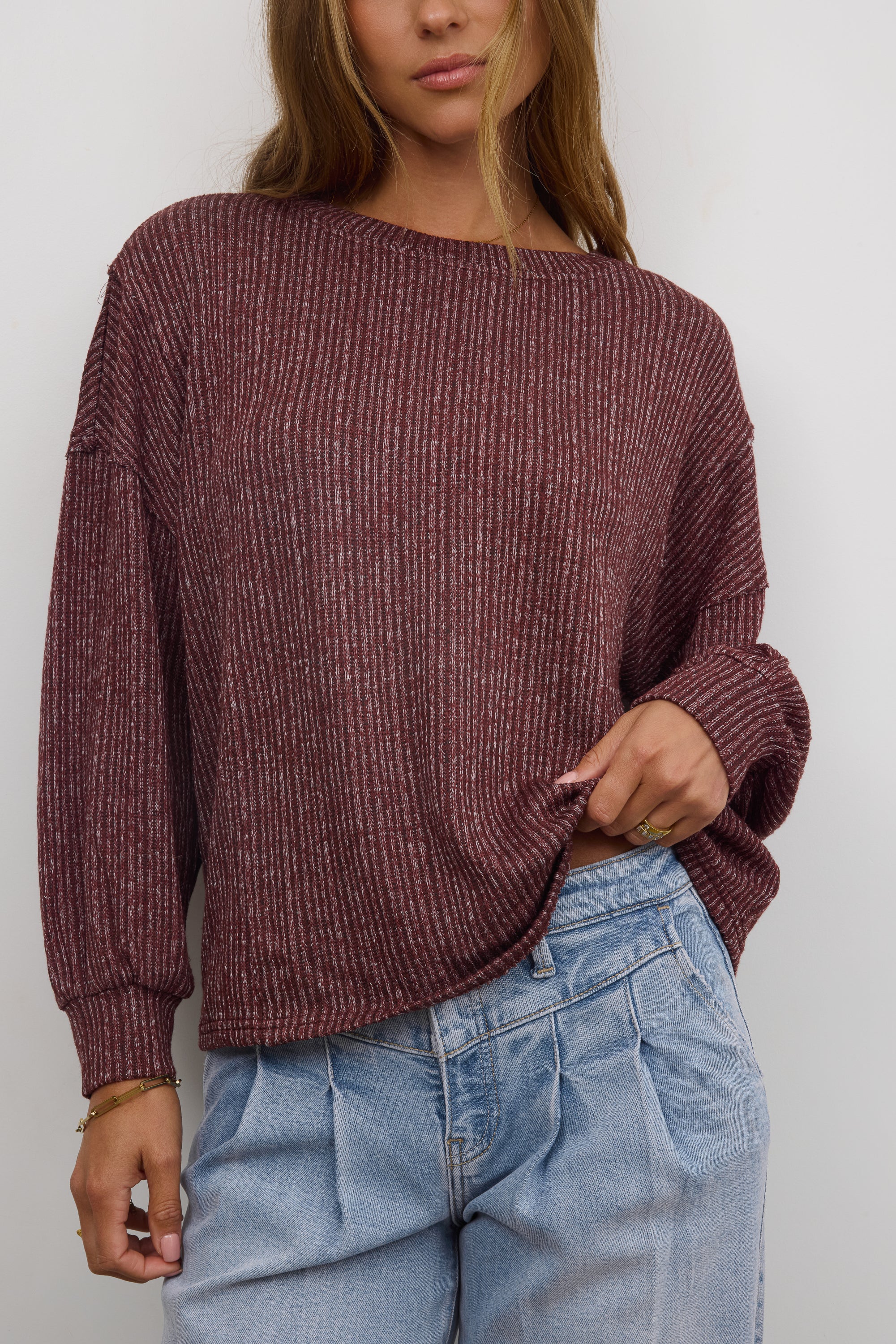 Tate Knit Sweater in Burgundy - Image 7