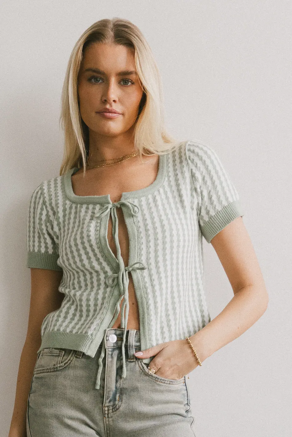 Teddy Tie Front Cardigan in Sage - FINAL SALE - Image 4