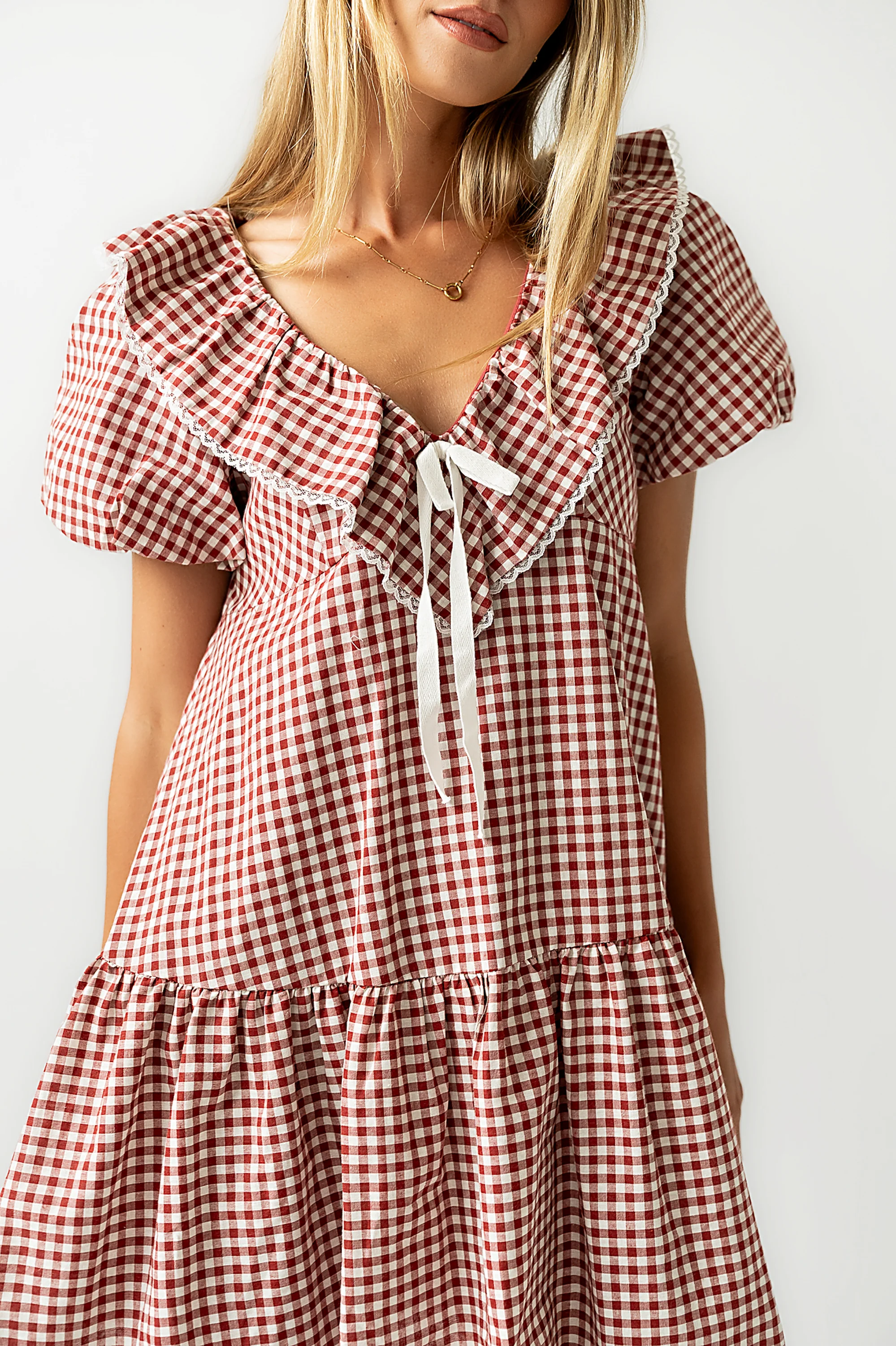 Tony Gingham Baby Doll Dress in Burgundy - Image 8
