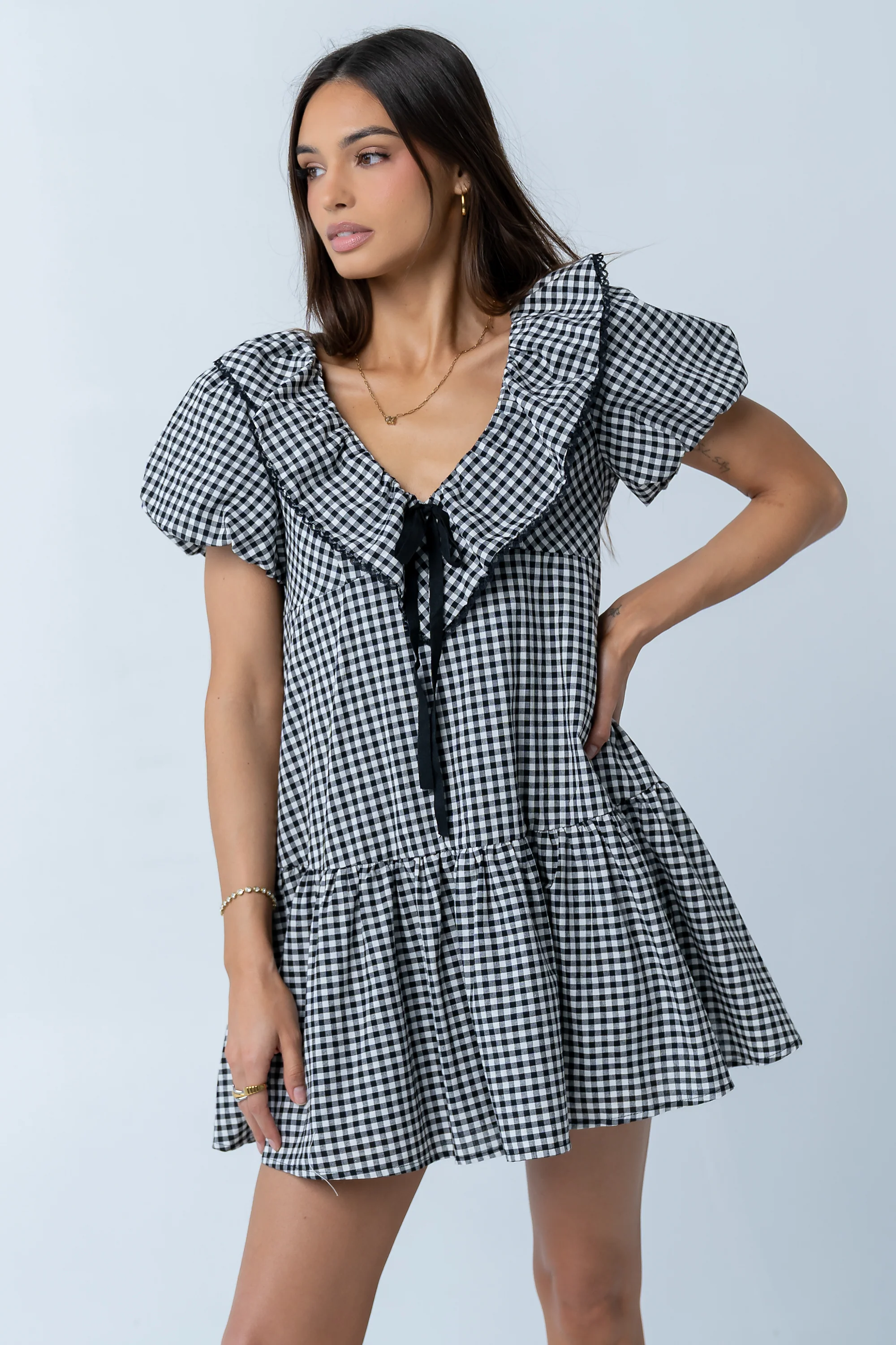 Tony Gingham Baby Doll Dress in Black - Image 3