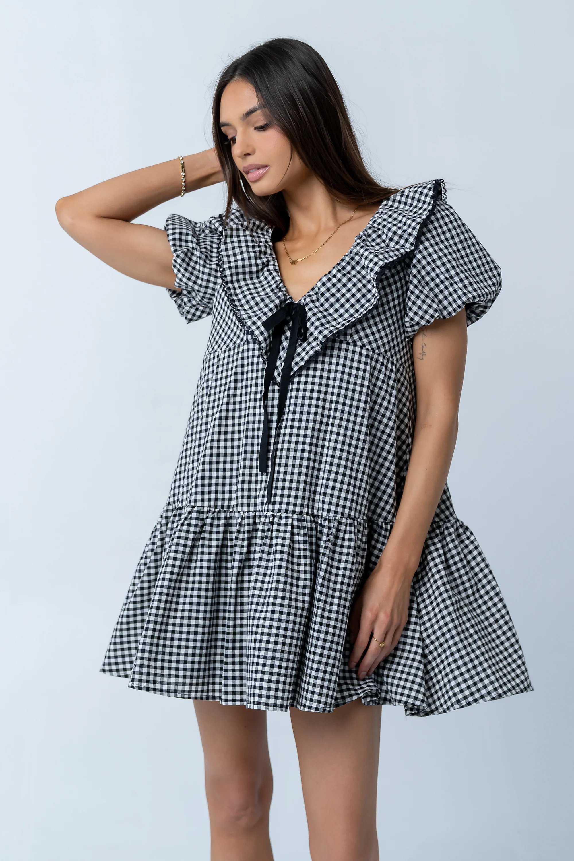 Tony Gingham Baby Doll Dress in Black - Image 6