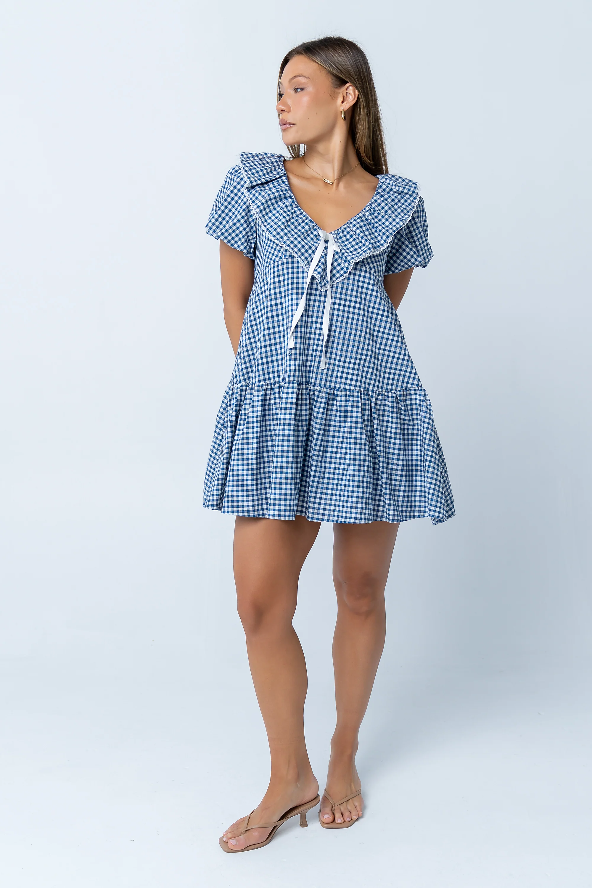 Tony Gingham Baby Doll Dress in Blue - Image 3