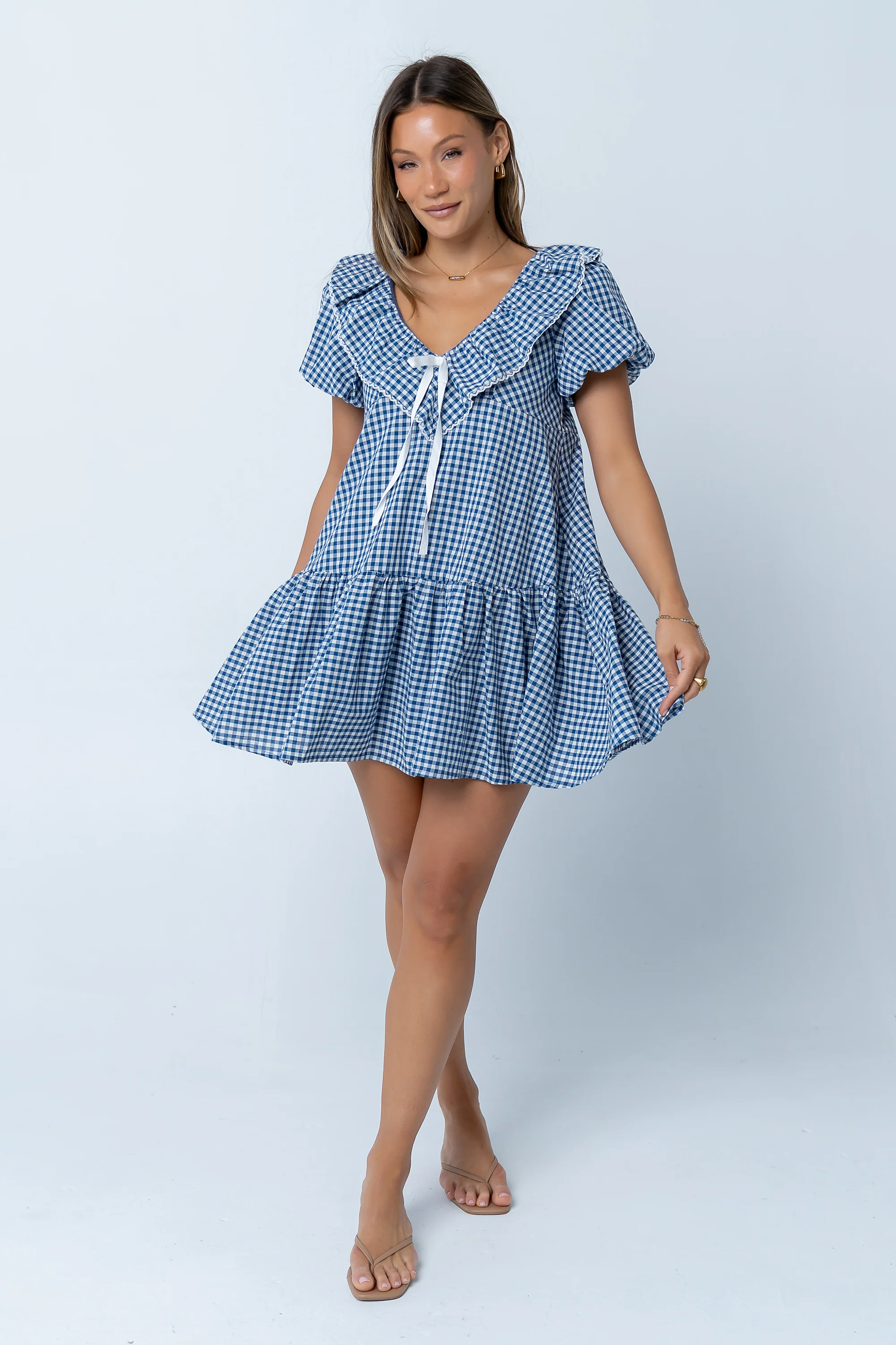 Tony Gingham Baby Doll Dress in Blue - Image 6