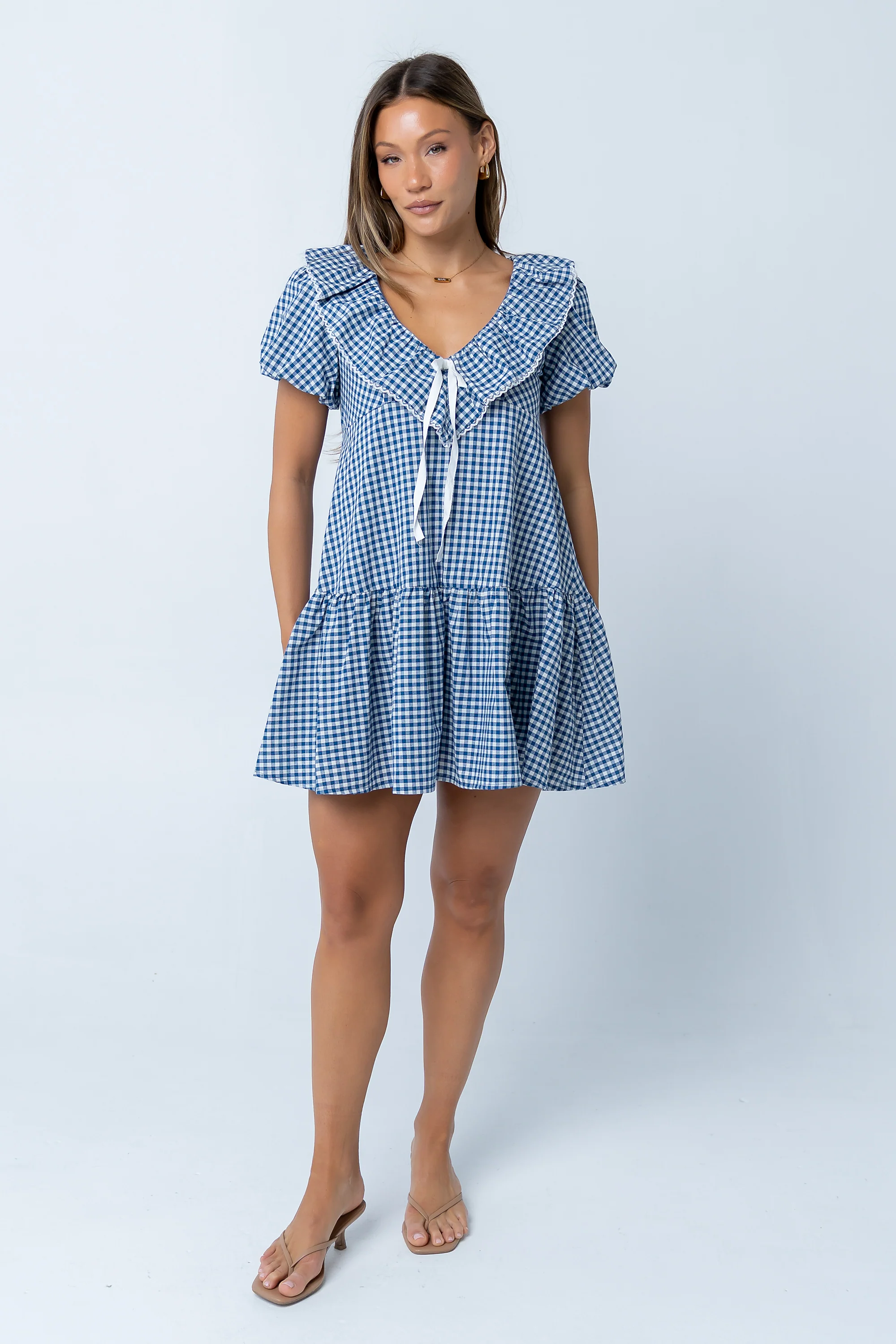 Tony Gingham Baby Doll Dress in Blue - Image 8