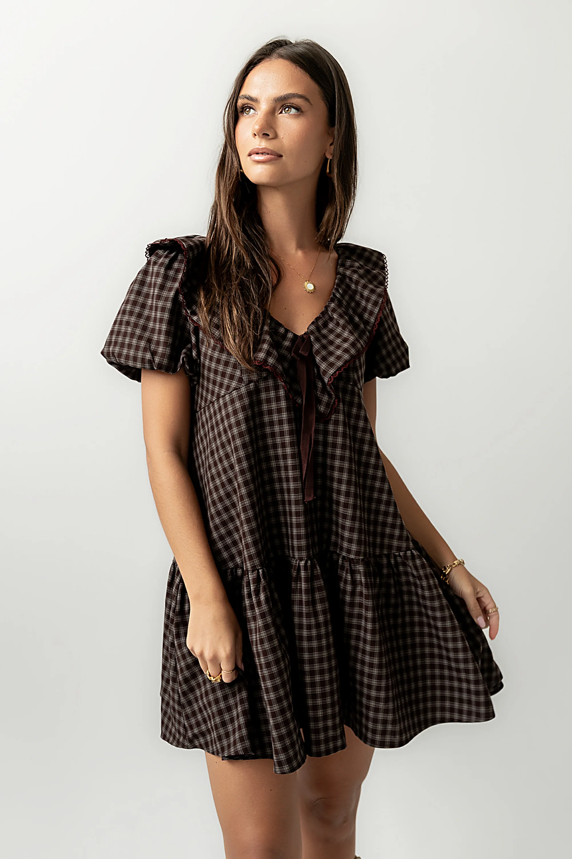 Tony Gingham Baby Doll Dress in Brown - FINAL SALE