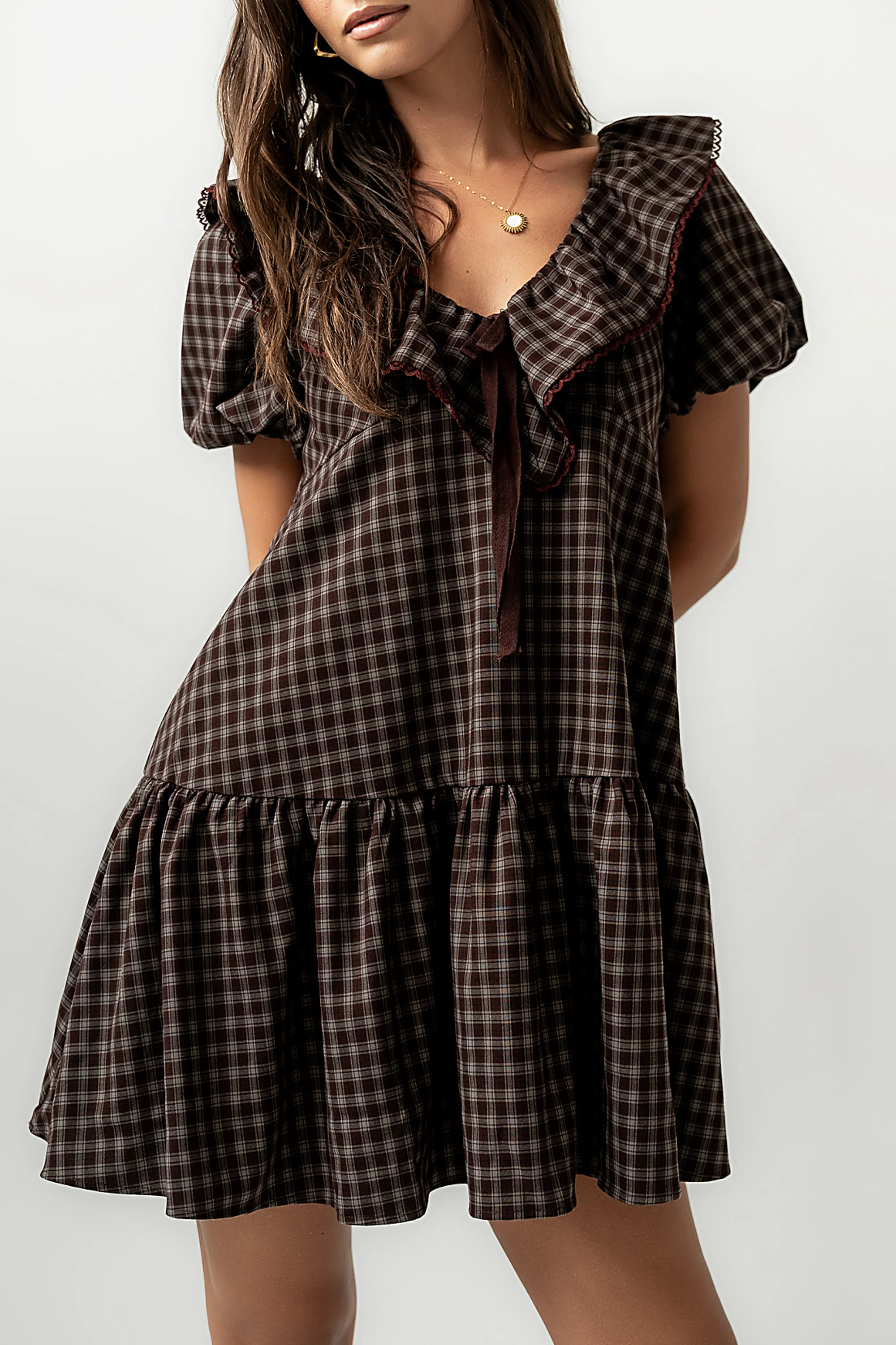 Tony Gingham Baby Doll Dress in Brown - FINAL SALE - Image 3