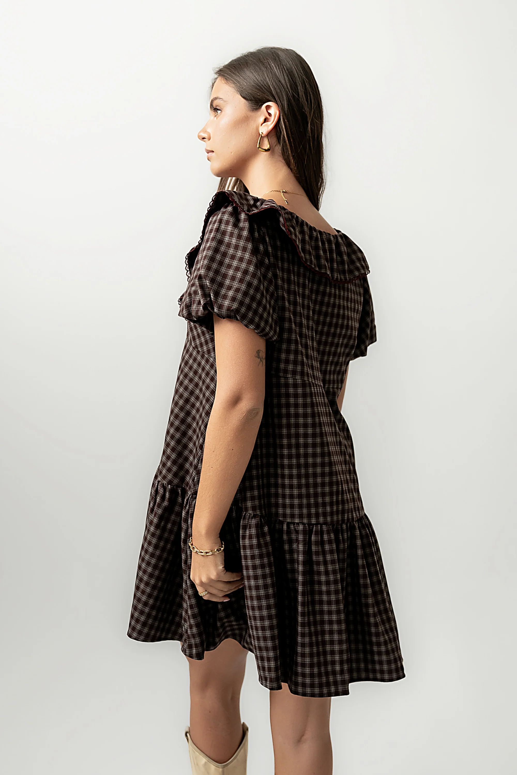 Tony Gingham Baby Doll Dress in Brown - FINAL SALE - Image 4