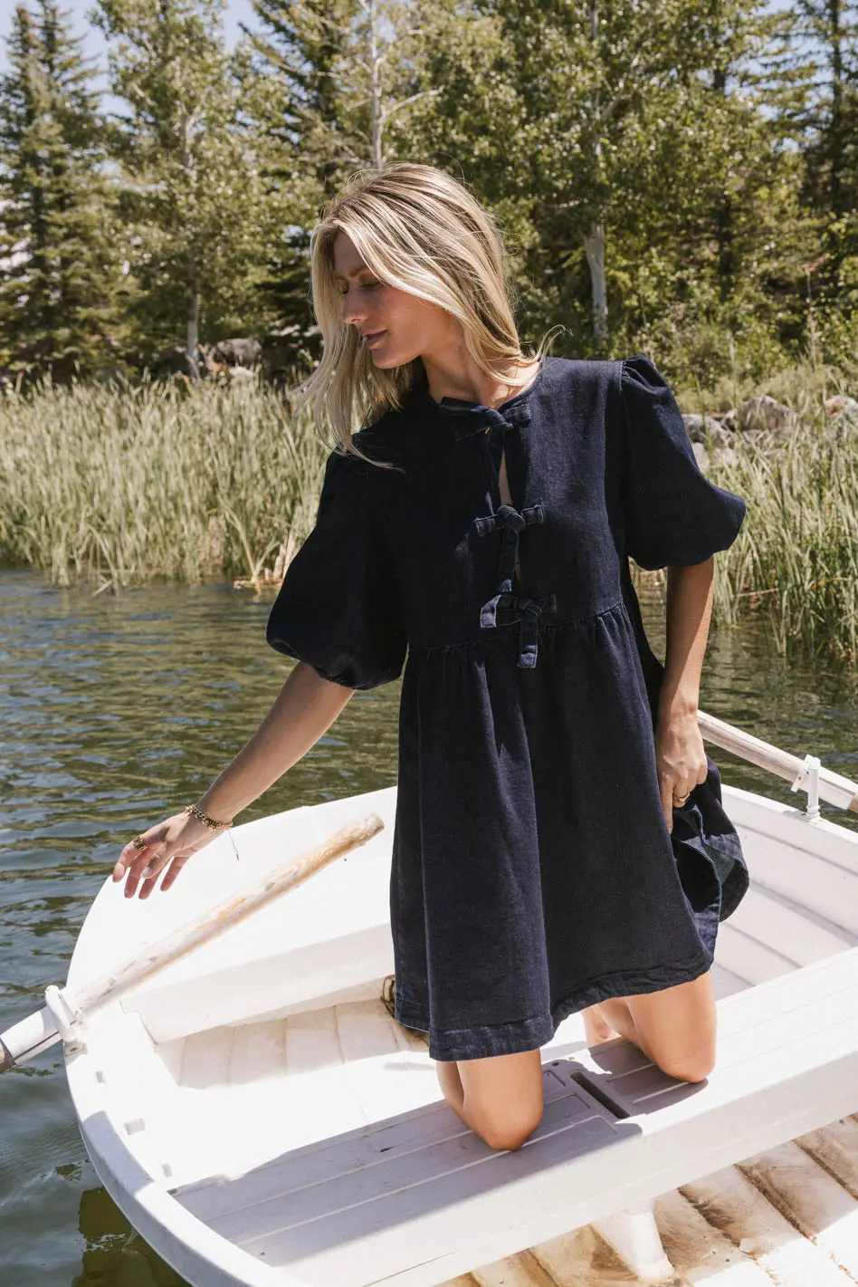 Tori Peplum Mini Dress in Dark Wash - Image 3