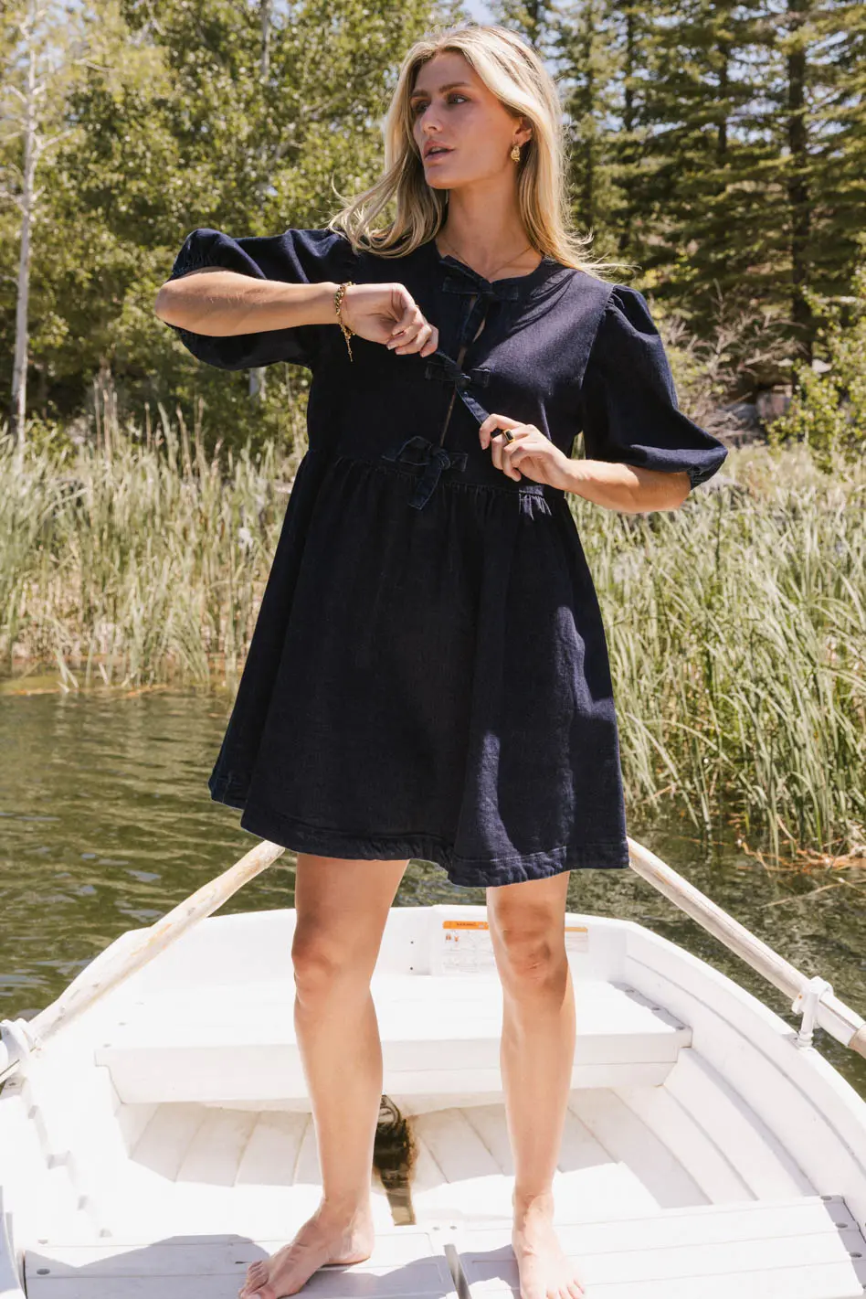 Tori Peplum Mini Dress in Dark Wash - Image 4
