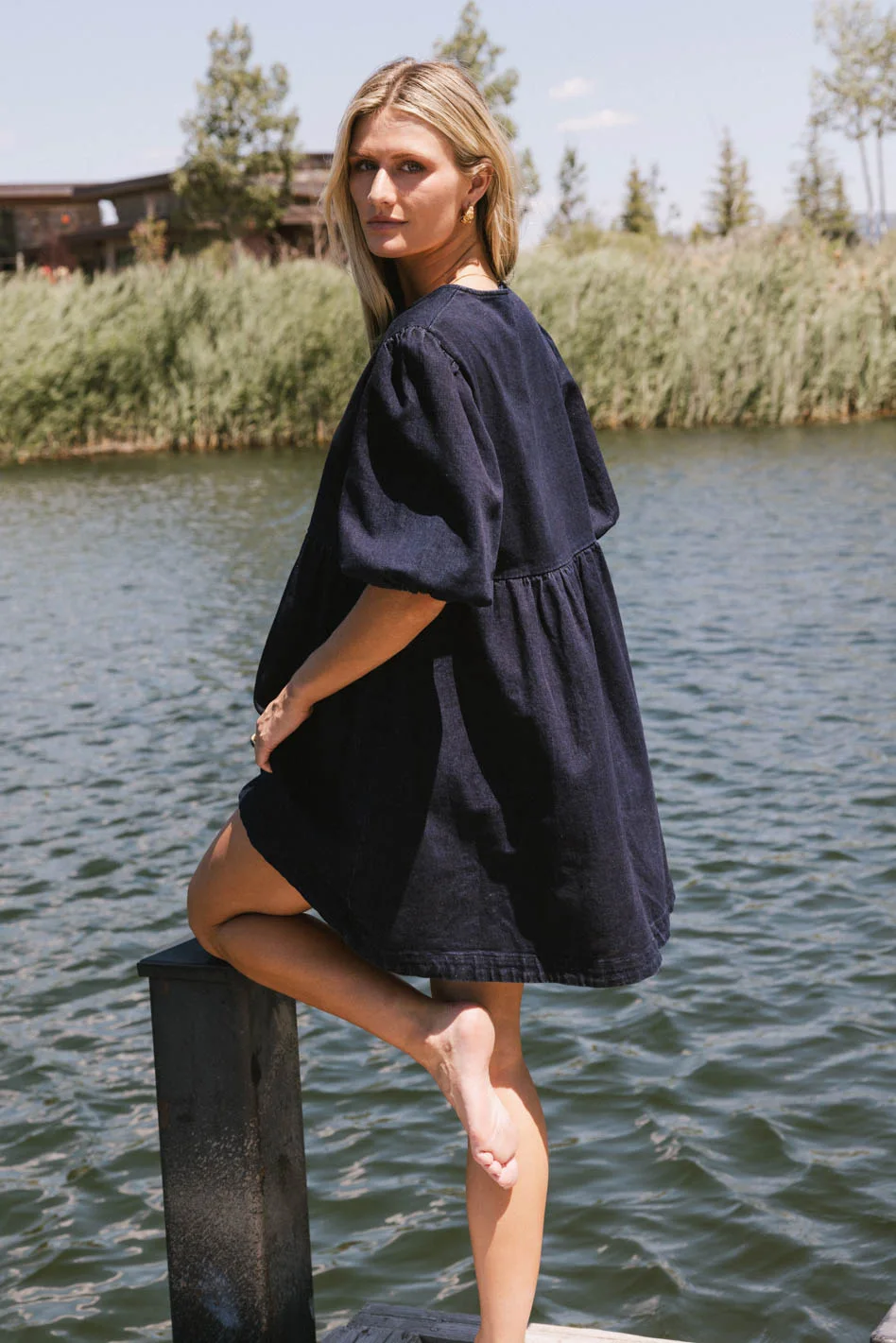 Tori Peplum Mini Dress in Dark Wash - Image 5