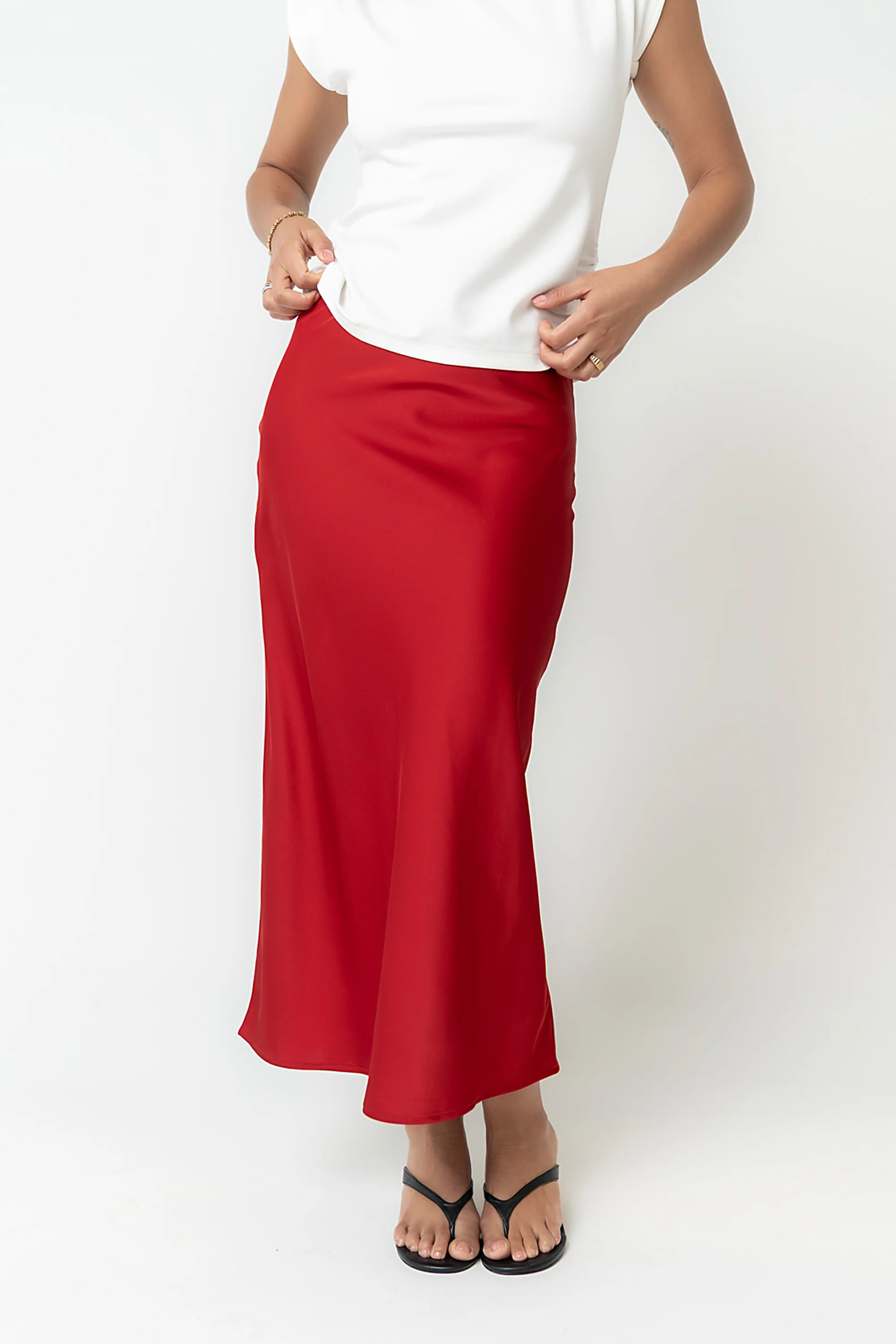 Tory Satin Maxi Skirt in Red-Brown