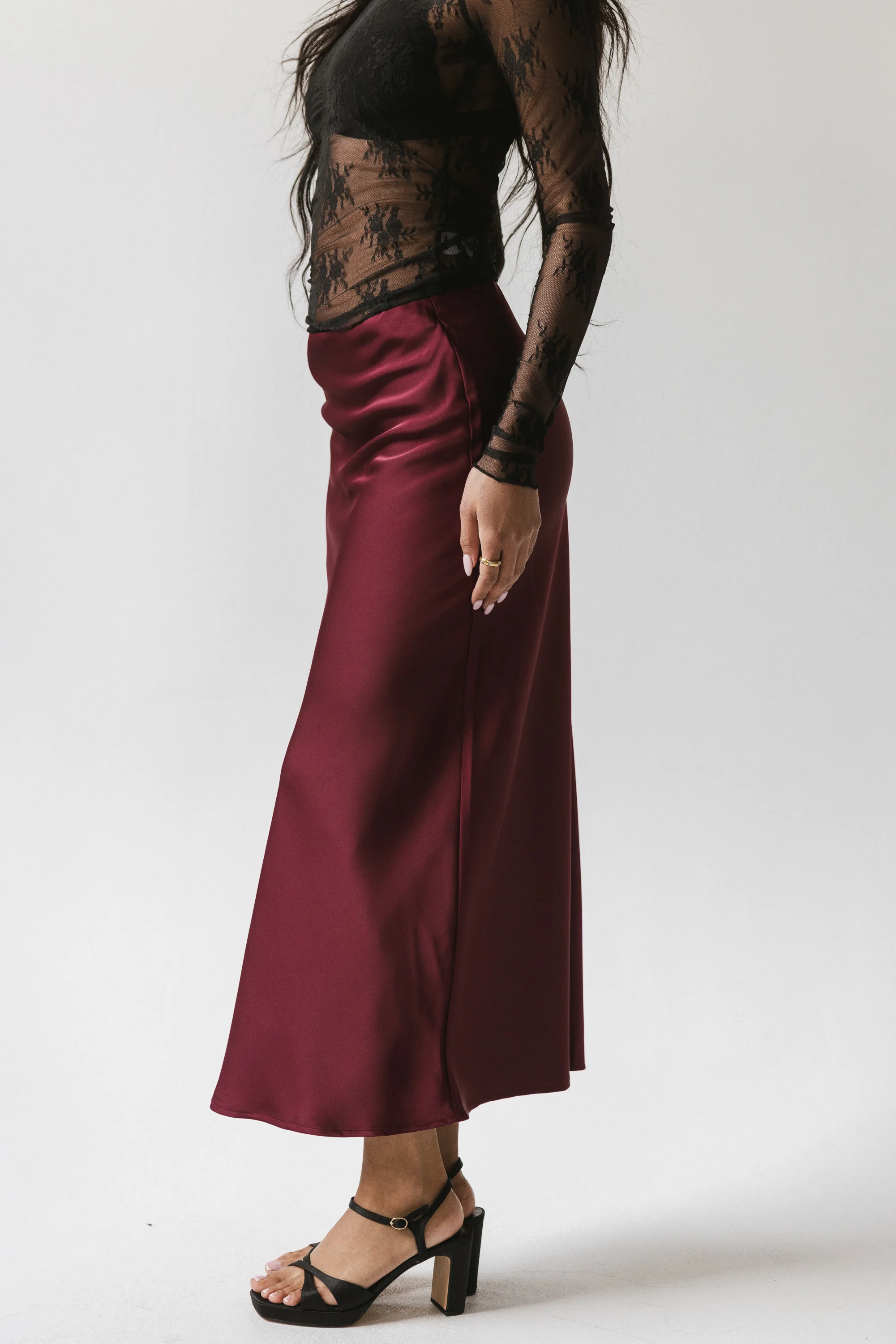 Tory Satin Maxi Skirt in Burgundy - Image 3