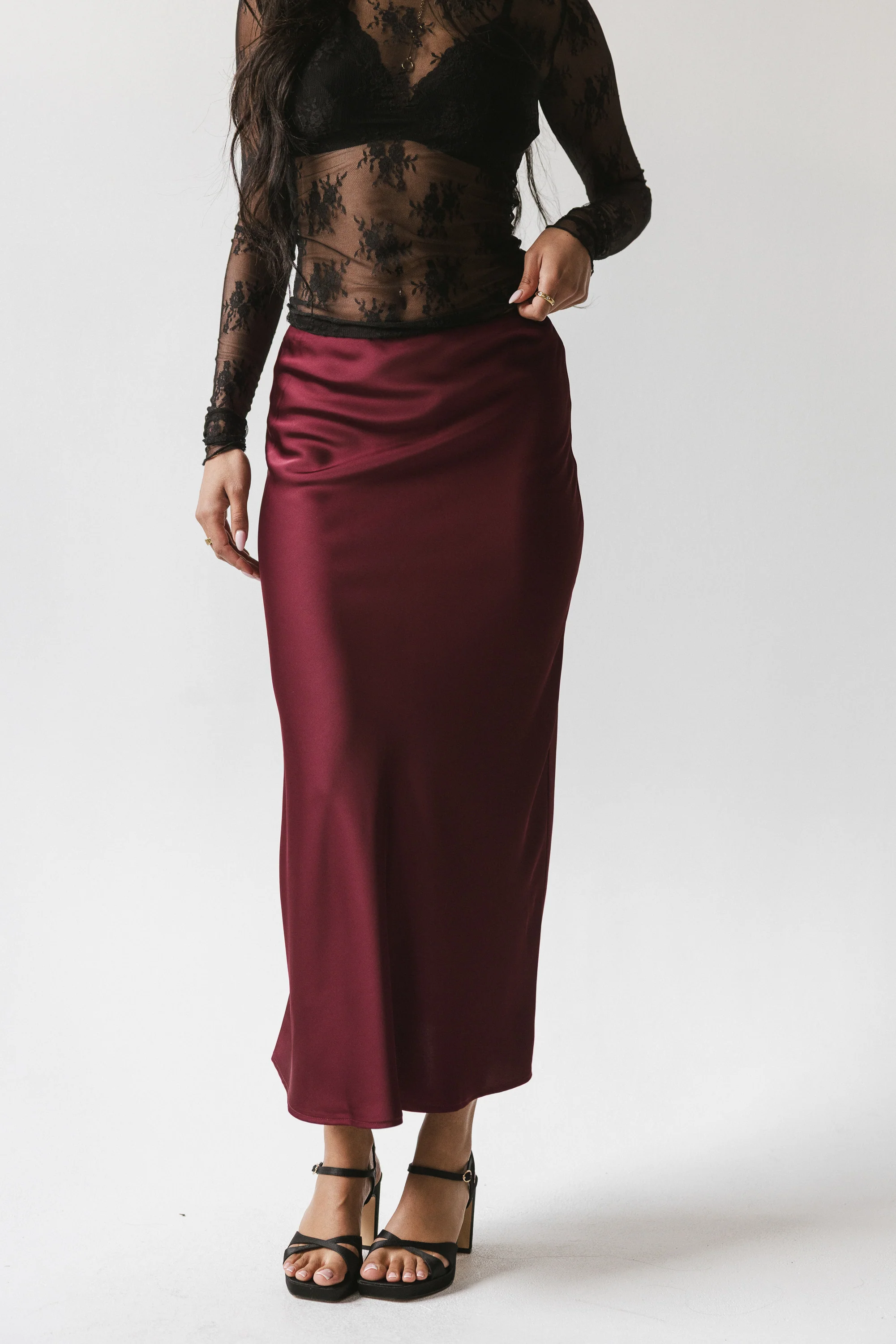 Tory Satin Maxi Skirt in Burgundy - Image 4