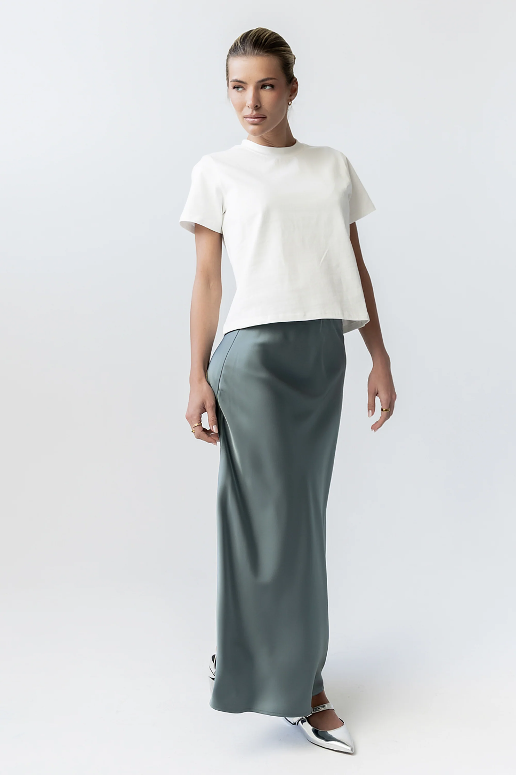 Tory Satin Maxi Skirt in Teal - Image 2