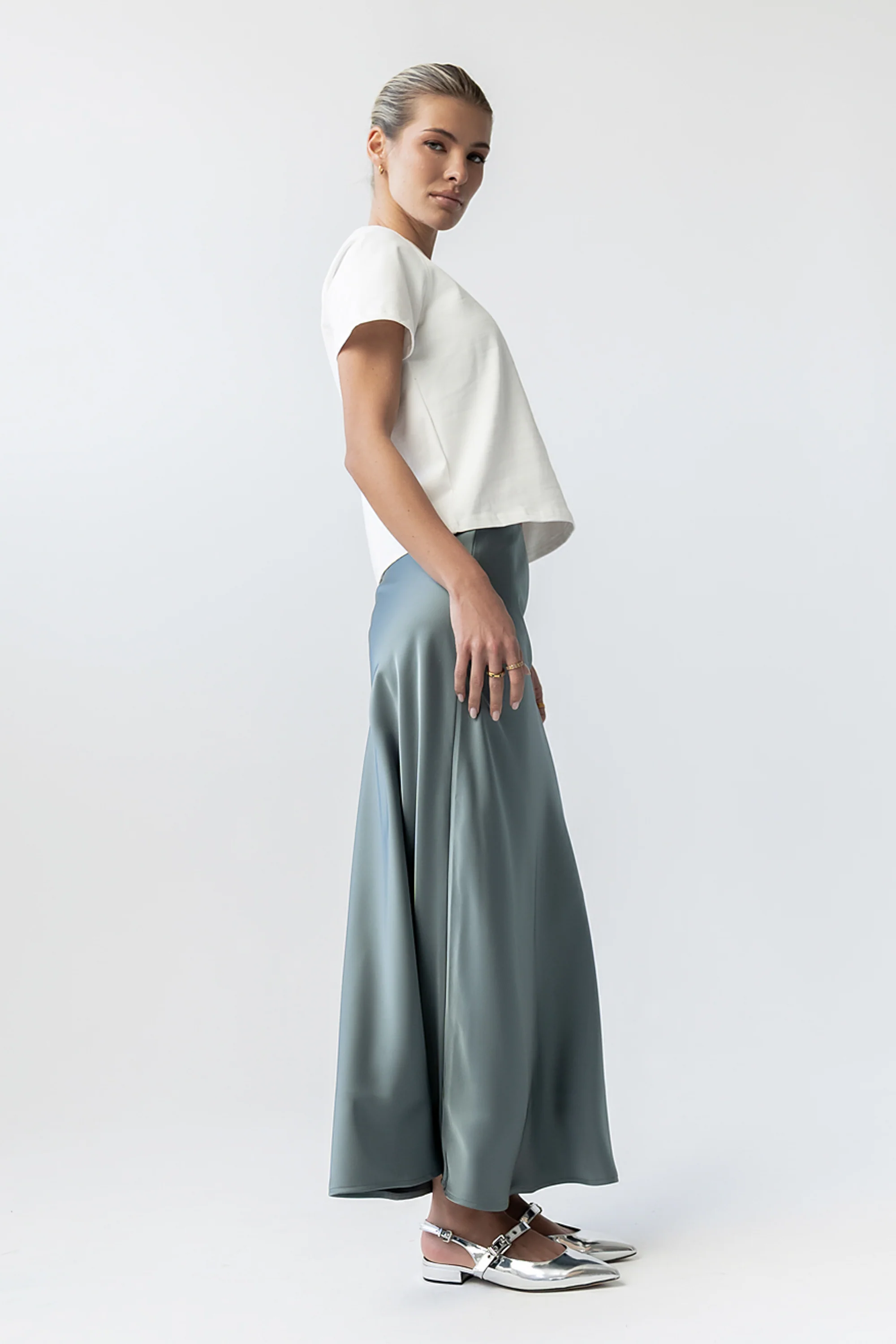 Tory Satin Maxi Skirt in Teal - Image 3